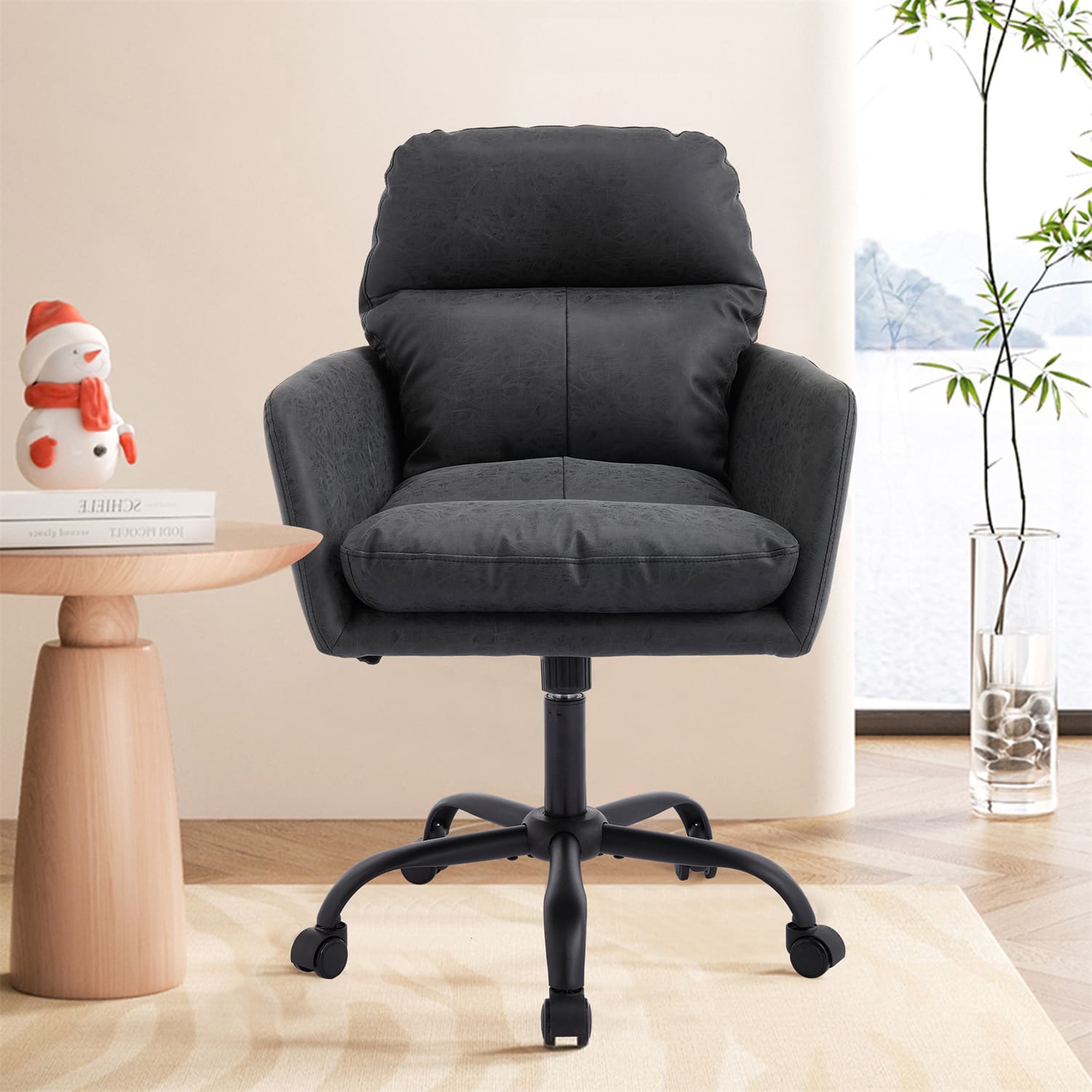 Forest'nSky - Artificial Leather Office Chair, Height-Adjustable with Base for Home & Office - Black