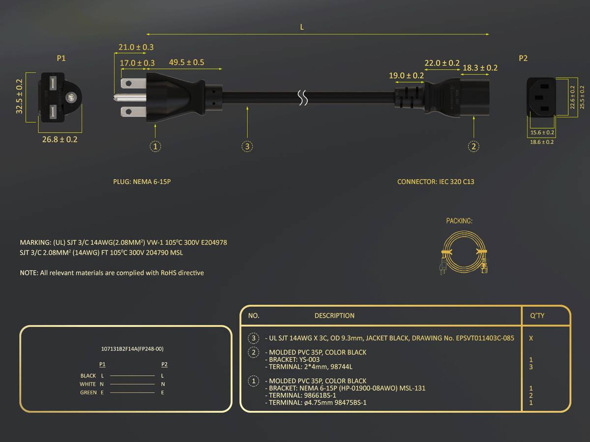 L  
32.50.2  
P1  
21.0 ± 0.3 17.0 ± 0.3  
49.5 ± 0.5  
22.0 ± 0.2 18.3 ± 0.2 19.0 ± 0.2  
P2  
0.2 22.6 ± 0.2 25.5 ± 0.2  
26.8 ± 0.2  
1  
3  
2  
15.6 ± 0.2 18.6 ± 0.2  
PLUG: NEMA 6-15P  
CONNECTOR: IEC 320 C13  
PACKING:  
MARKING: (UL) SJT 3/C 14AWG(2.08MM2) VW-1 105C 300V E204978 SJT 3/C 2.08MM2 (14AWG) FT 105C 300V 204790 MSL  
NOTE: All relevant materials are complied with