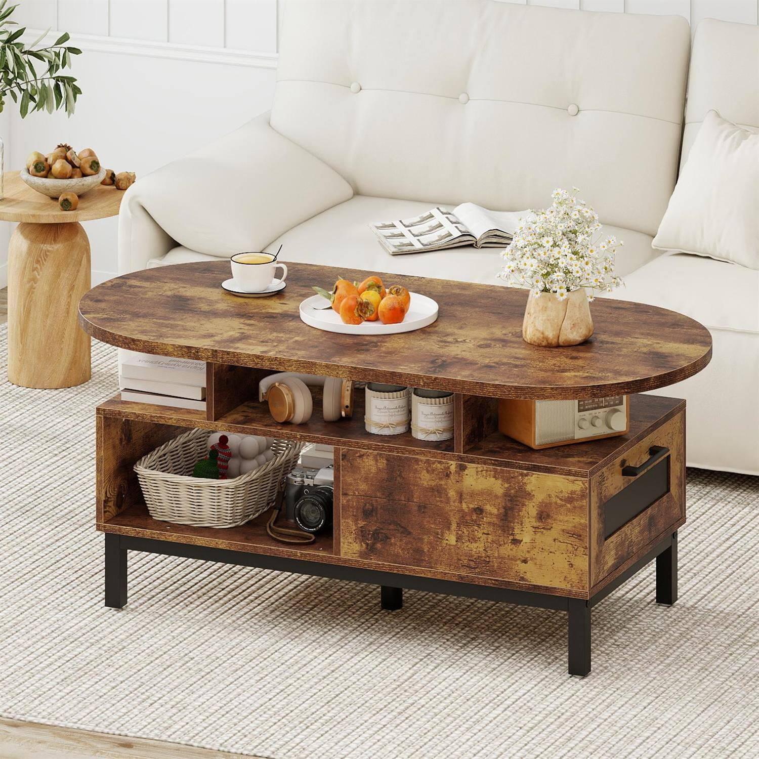 Alt View 2. Pefilos - 47" Oval Coffee Table, Combined Storage & Open Compartments, 5-Leg Stability Support, Rustic Brown & Black - Brown.