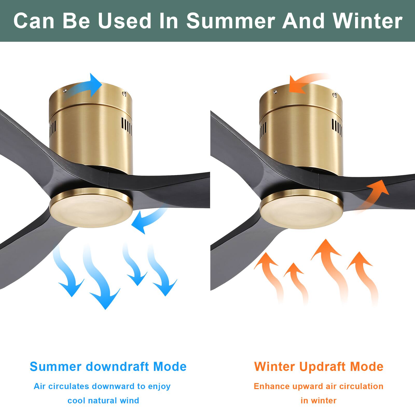 Can Be Used In Summer And Winter

Summer downdraft Mode  
Air circulates downward to enjoy cool natural wind

Winter Updraft Mode  
Enhance upward air circulation in winter