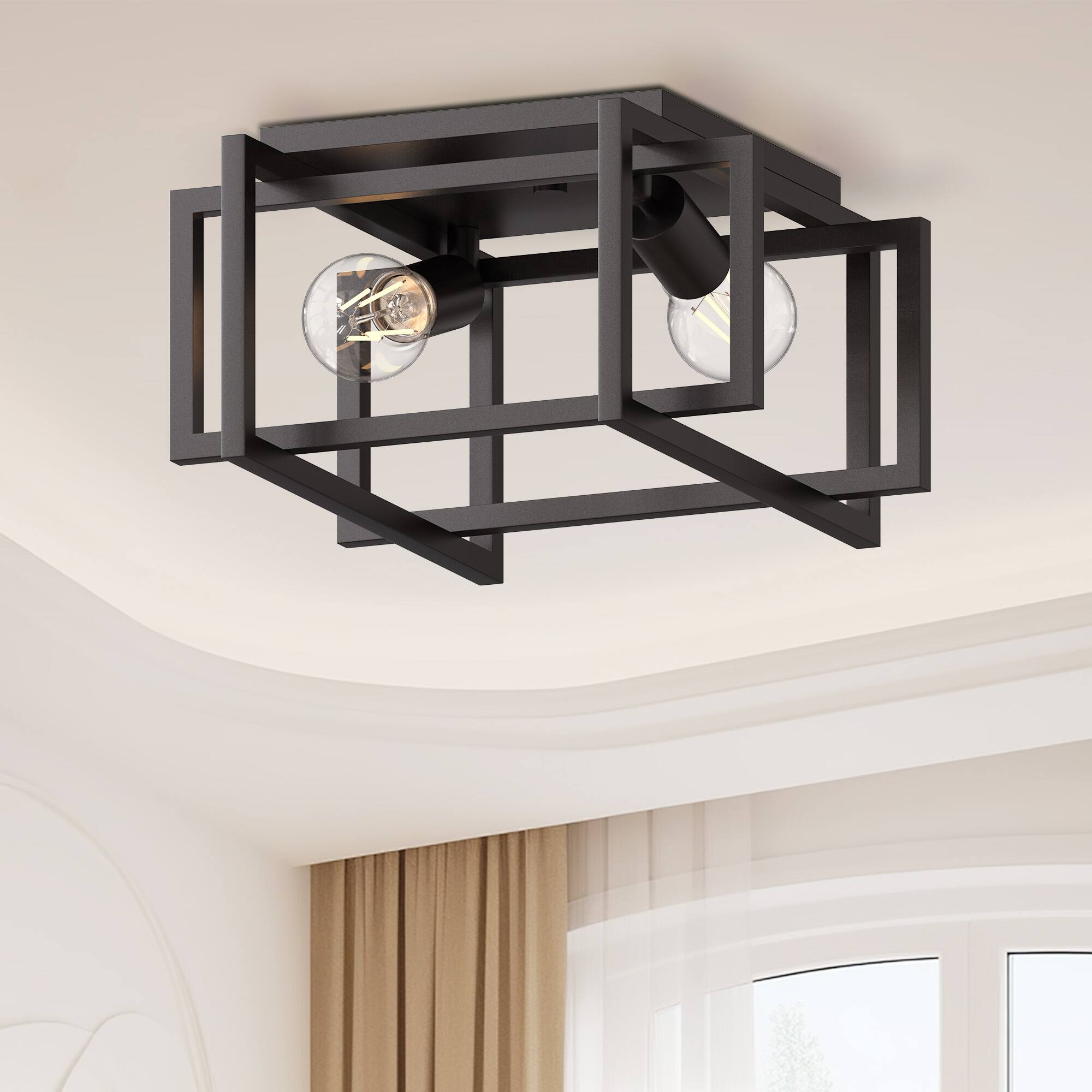 Left. Jandcase - JANDCASE Vintage Industrial Semi-Flush Mount Ceiling Light, E26 Socket, Non-Integrated Bulbs for Living Room - Black.