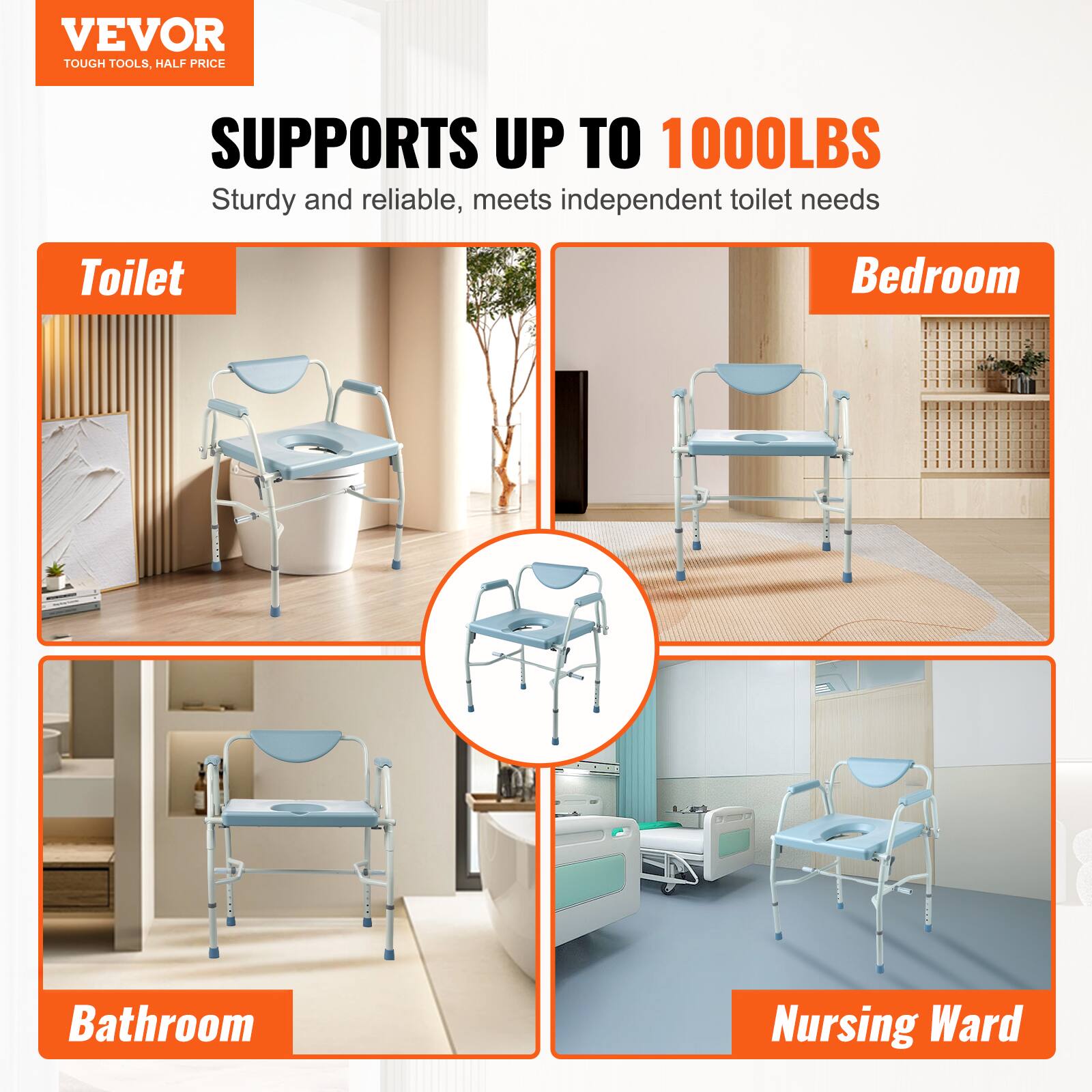 VEVOR TOUGH TOOLS. HALF PRICE
SUPPORTS UP TO 1000LBS
Sturdy and reliable, meets independent toilet needs
Toilet
Bedroom
Bathroom
Nursing Ward