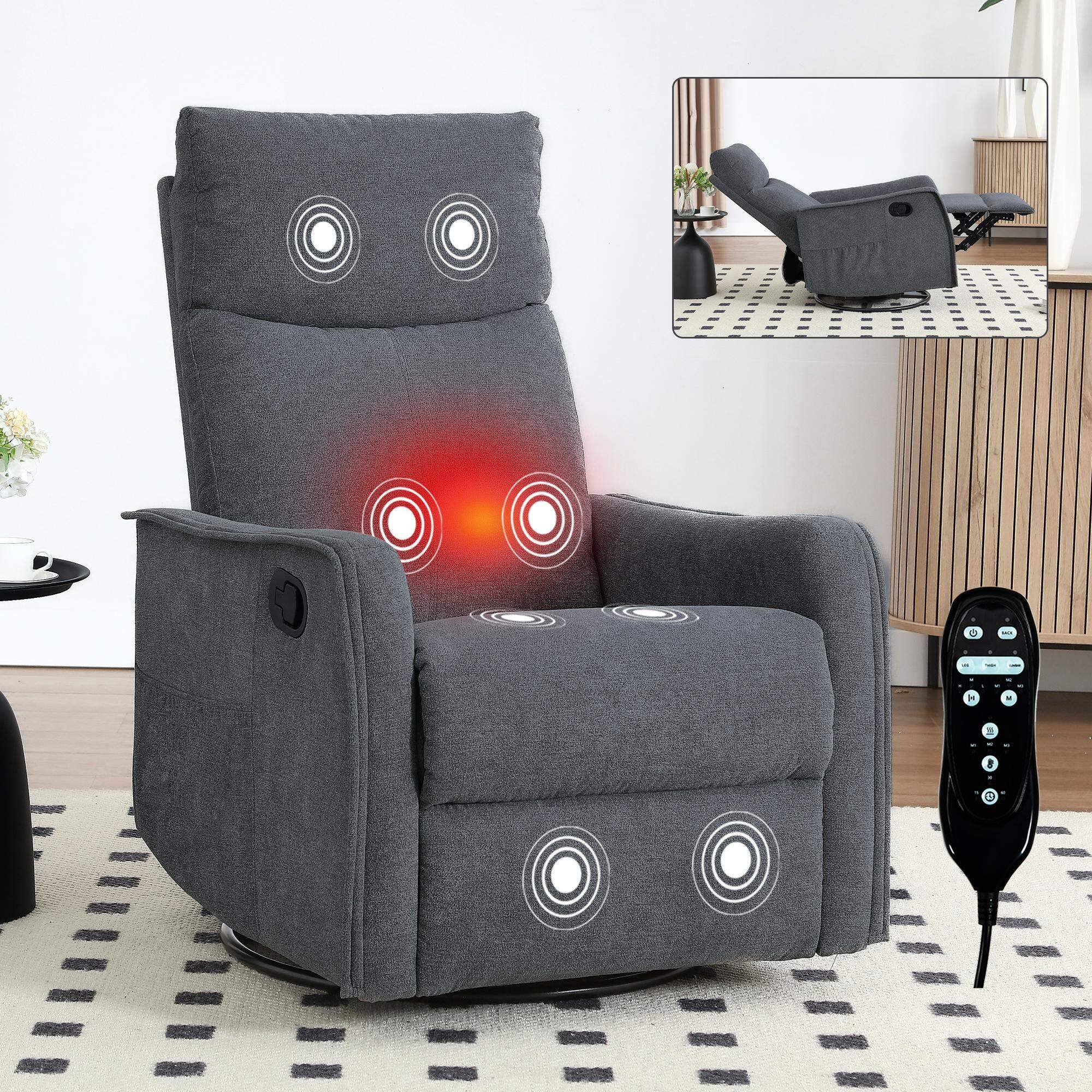Back. Roomtec - Heat Massage Manual Recliner Chair with Rocker and Swivel in Fabric for Living Room Grey - Grey.