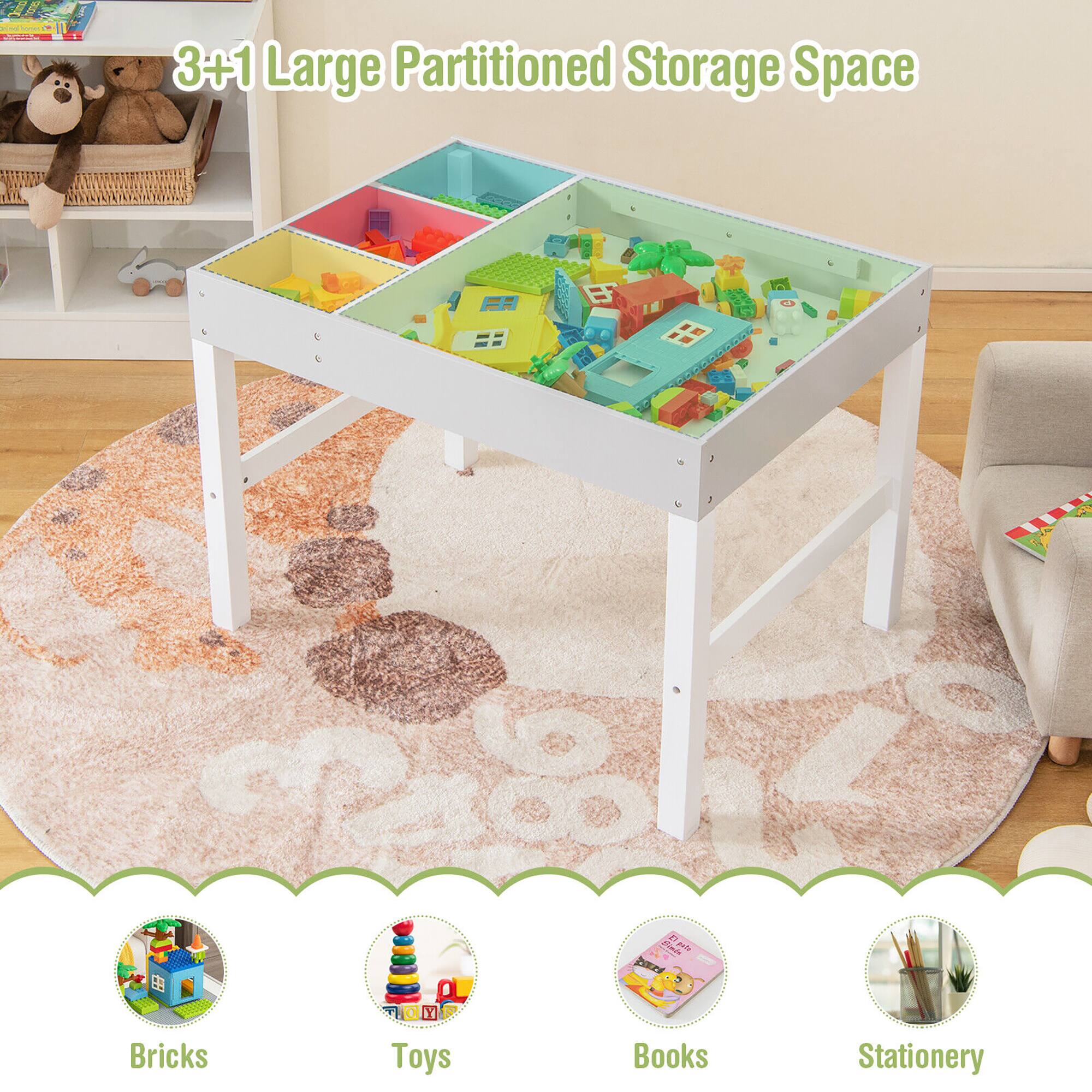 3+1 Large Partitioned Storage Space

Bricks  
Toys  
Books  
Stationery