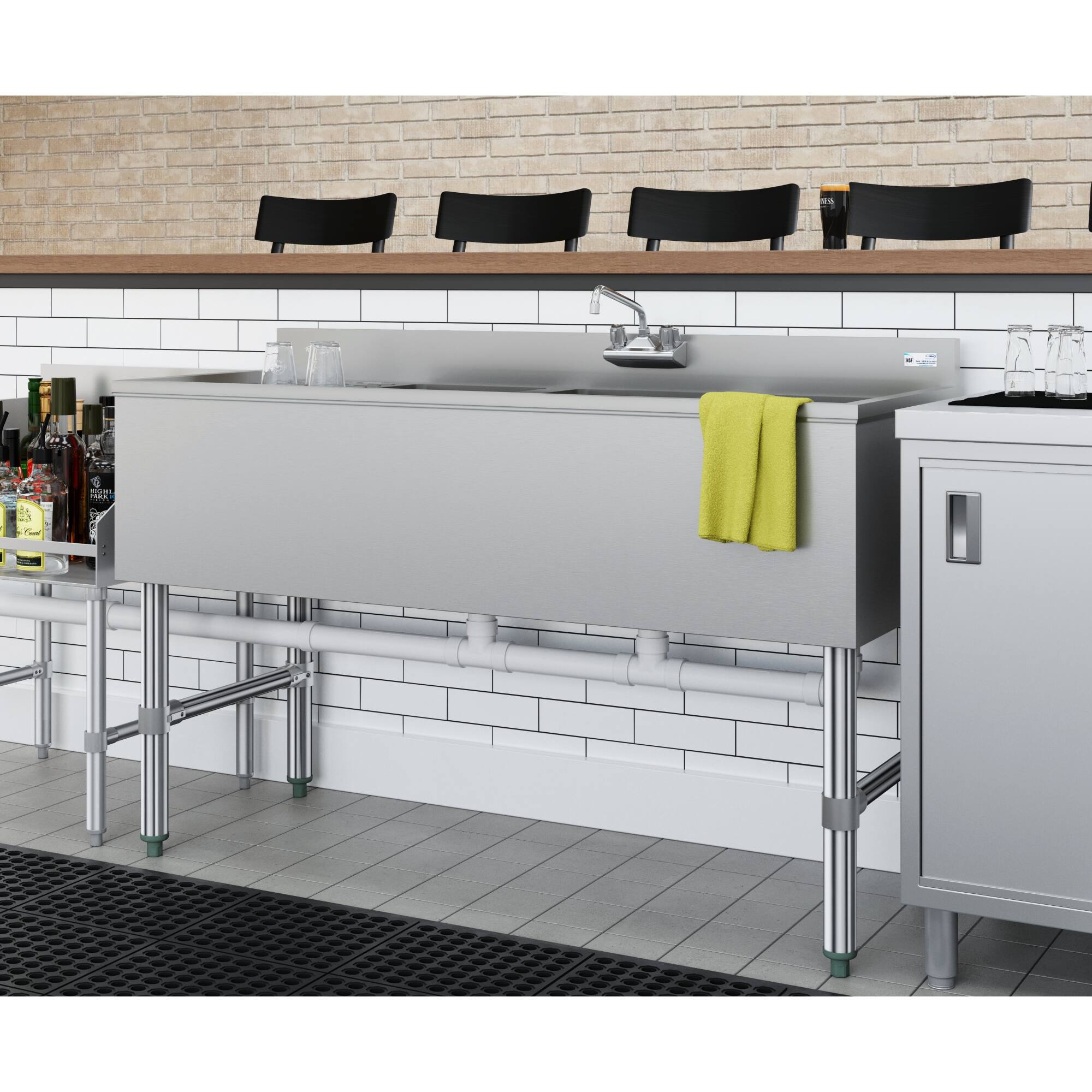 Alt View 1. Koolmore - 48 in. Three-Compartment  Under-Bar Sink with 3 in. Backsplash, Left Drainboard and Low Lead Faucet, NSF - Stainless Steel.