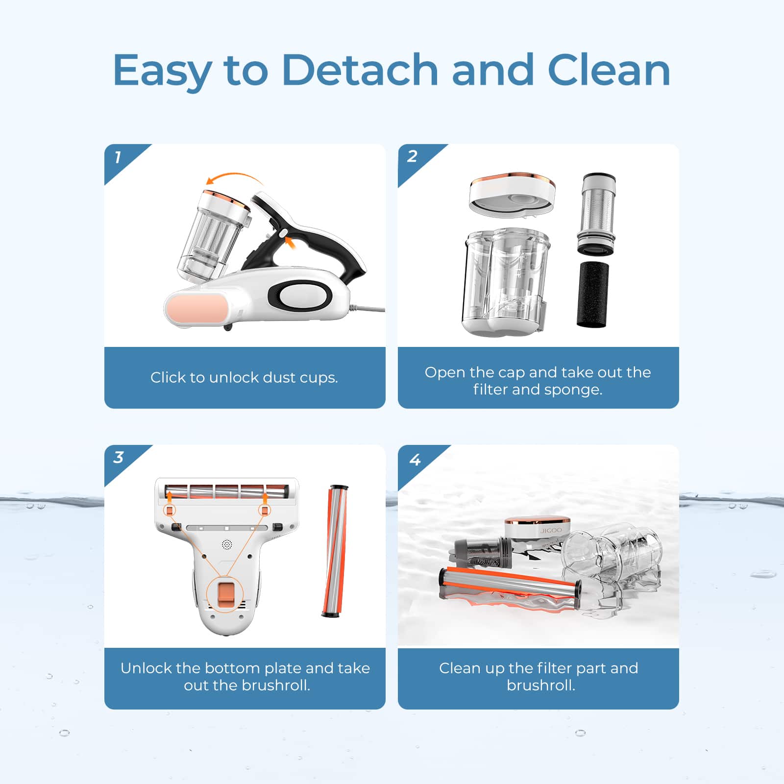 Easy to Detach and Clean 7 2 Click to unlock dust cups. Open the cap and take out the filter and sponge. 3 4 - ROOO Unlock the bottom plate and take out the brushroll. Clean up the filter part and brushroll.