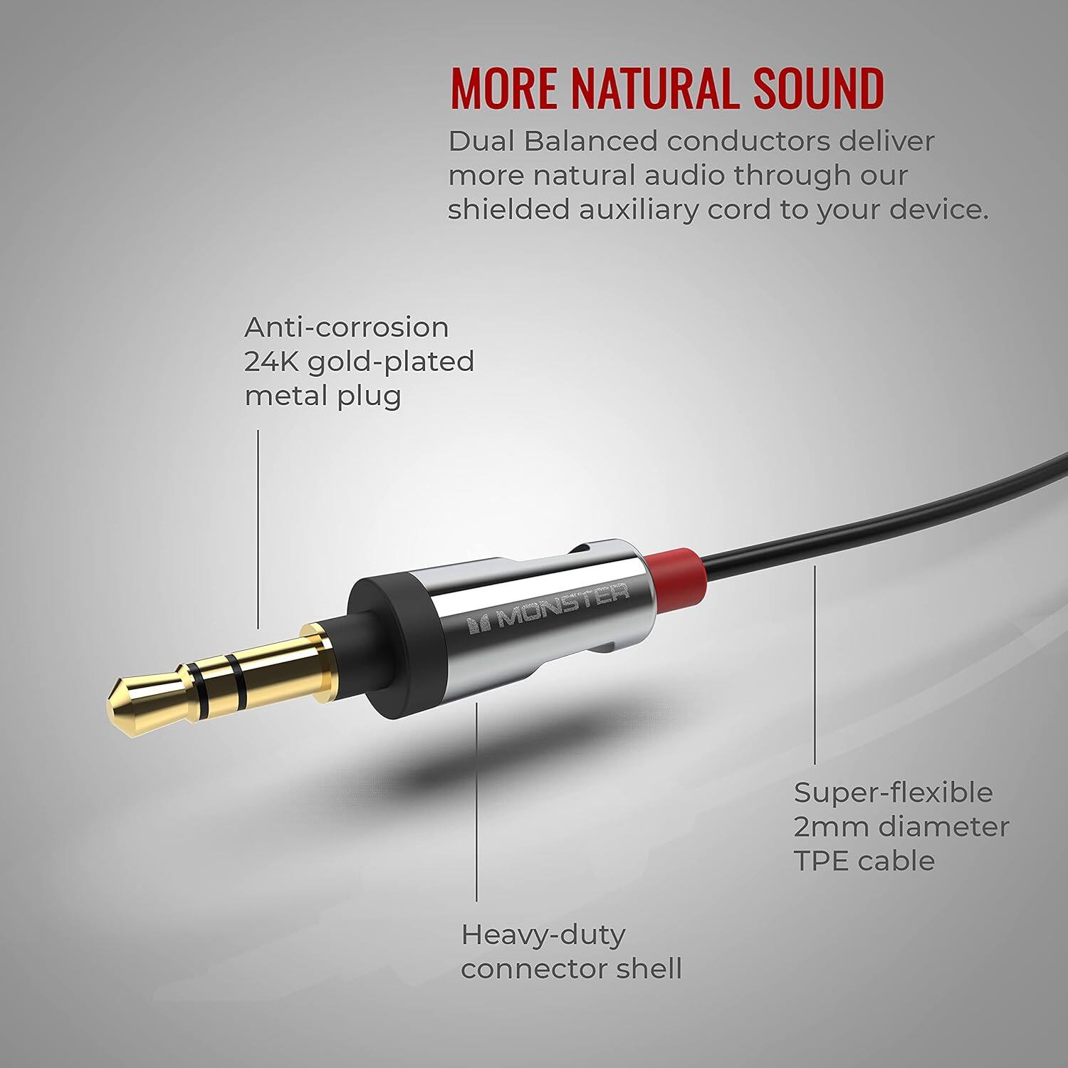 The text on the image reads: "More Natural Sound Dual Balanced conductors deliver more natural audio through our shielded auxiliary cord to your device. Anti-corrosion 24K gold-plated metal plug E Monster Super-flexible 2mm diameter cable Heavy-duty connector shell."