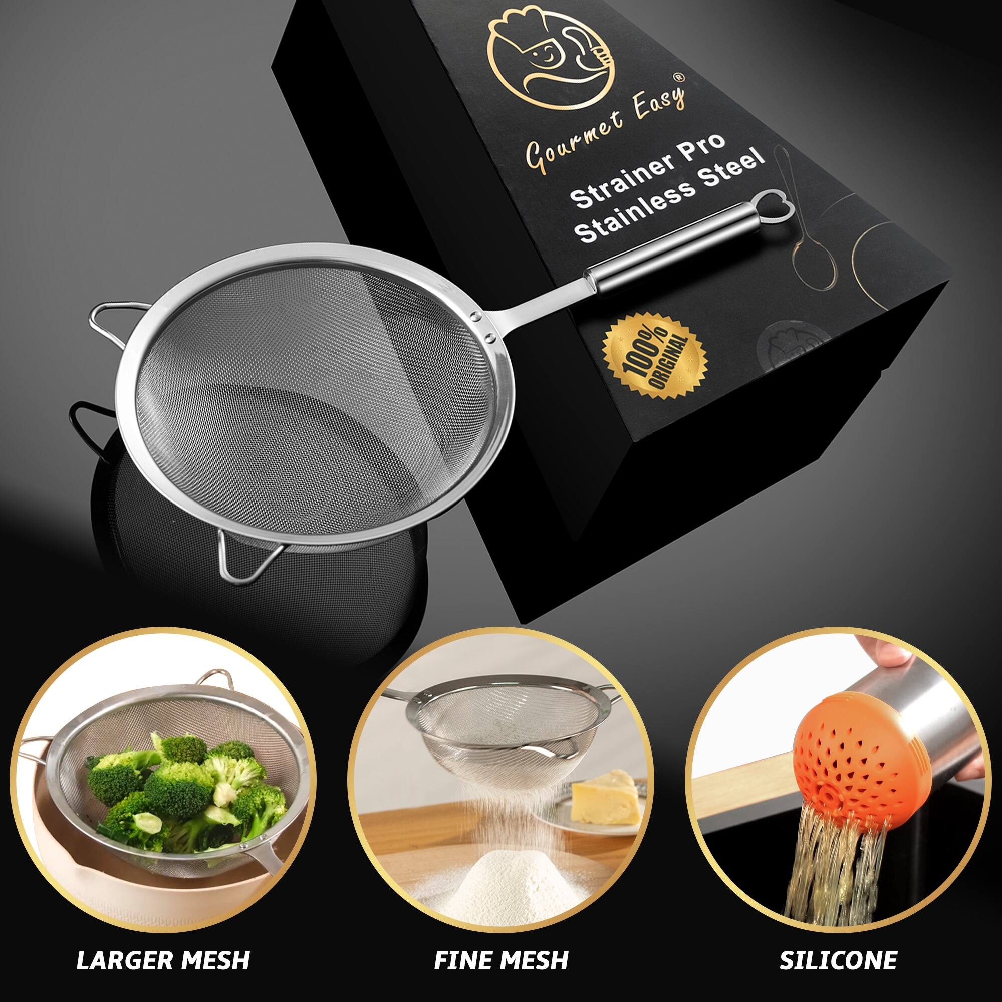 Left. Gourmet Easy - Stainless Steel Fine Mesh Strainer Set: 1 Large Flour Sifter, 1 Small Pasta/Rice Sieve, 1 Silicone Can Strainer, Durable - Stainless Steel.