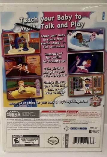 **Teach your Baby to Walk, Talk and Play**

- Teach your baby to speak from simple sounds to full sentences!
- Hundreds of fun outfits for dressing up!
- Take pictures and share your baby's progress!
- Change diapers, give baths, and read to your baby to sleep!
- Share tips on caring for your baby at mybabyvillage.com

**SouthPeak Games**
- SouthPeak Games
- PO Box 2079, Carmel, IN 46082
- www.southpeak.com

**Imported by Nintendo**
- Licensed by Nintendo
- Made in USA

**IMPORTANT:**
- Read the Important Safety Information before use.
- For ages 3 and up.

**E for Everyone**
- Search for more detailed rating summaries at www.esrb.org

**Dolby Pro Logic II**

**Barcode:**
- 7 10036-SLV

**Other Information:**
- 10036-SLV
- 16GB
- 12561
- 2UT6

**Additional Text:**
- SOUTHPEAK GAMES
- SOUTHPEAK GAMES
- PO BOX 2079, CARMEL