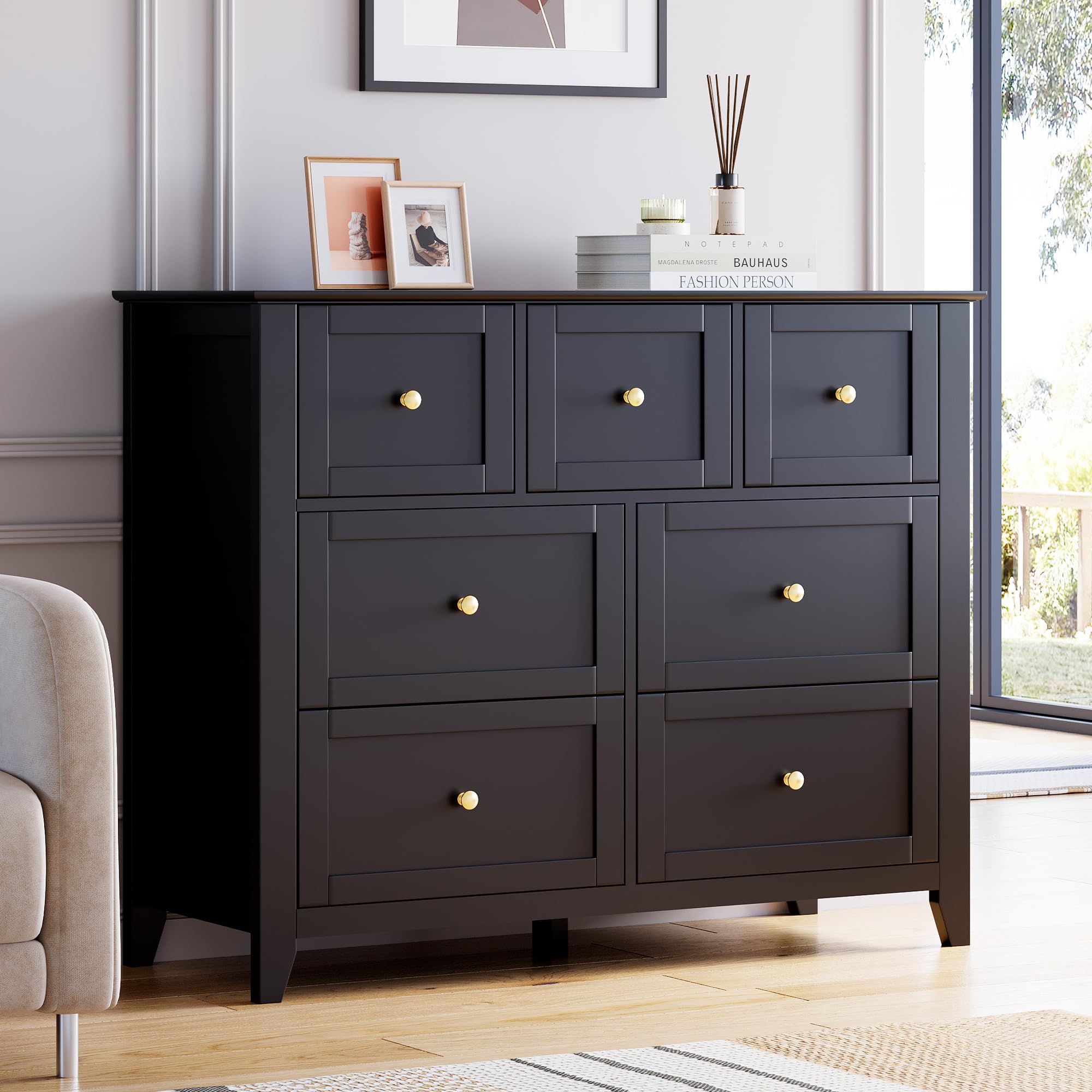 Homhougo - 7 Drawers Dresser for Bedroom, Farmhouse Wood Dressers & Chest of Drawers for Clothes - Black