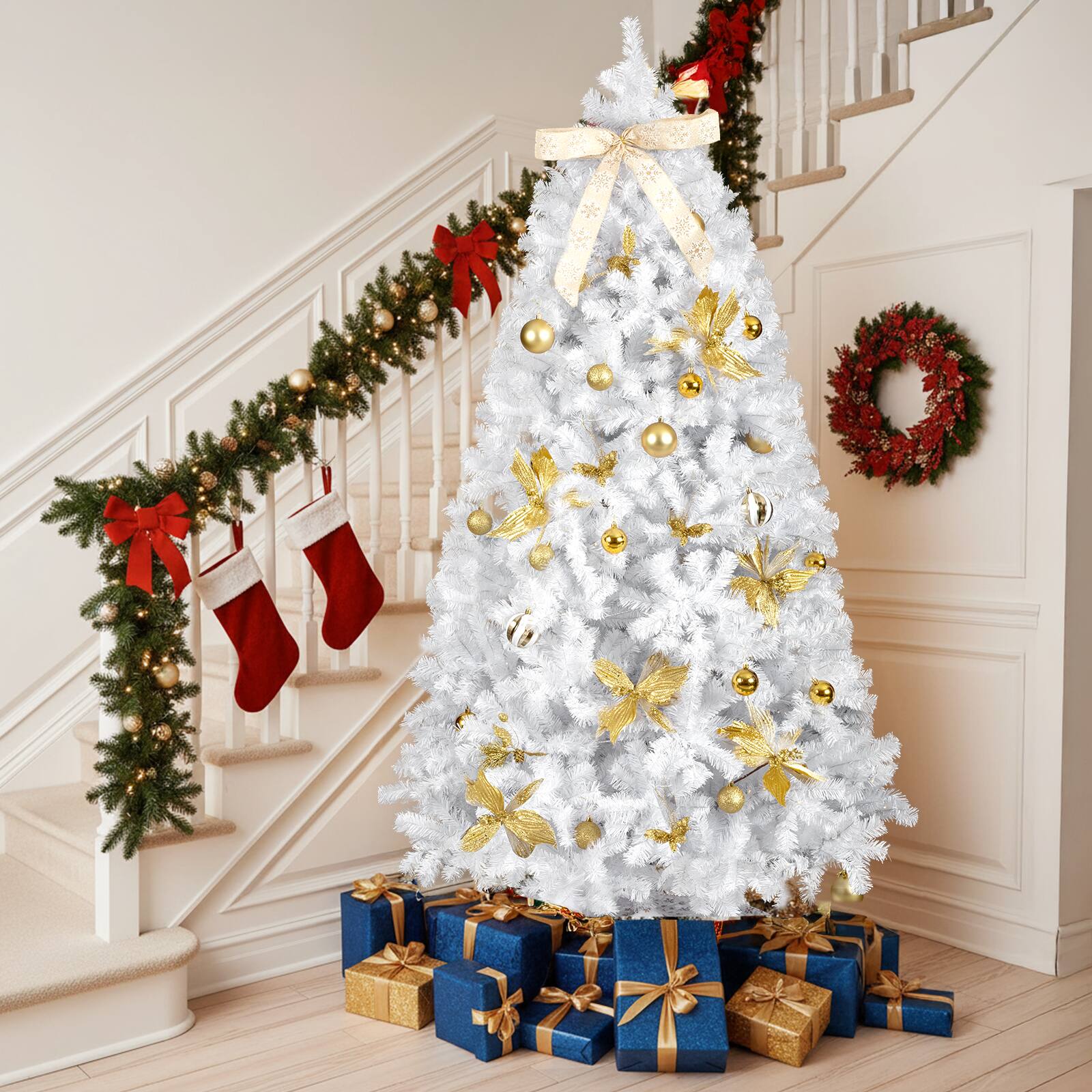 Front. VAVSEA - 7.5FT Pre-Lit White Christmas Tree, 400 Warm LED Lights,Golden Ornaments, Hinged Xmas Pine for Home Holiday Decor - White.