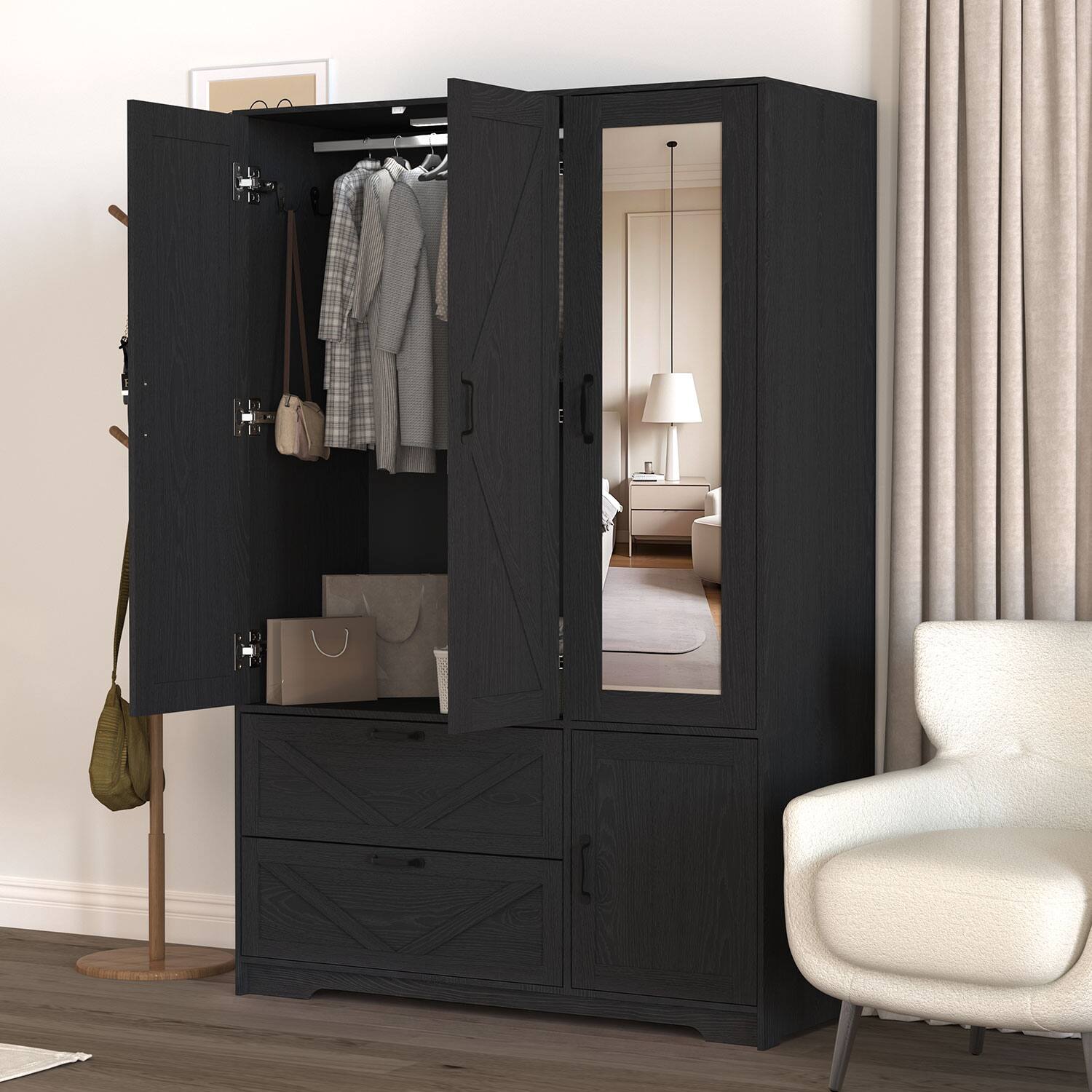 Alt View 1. MERAVOM - Wardrobe Closet with Mirror, 4 Doors and 2 Drawers, Wooden Wardrobe Storage Cabinet with Hanging Rod, Adjustable Shelves - Black.