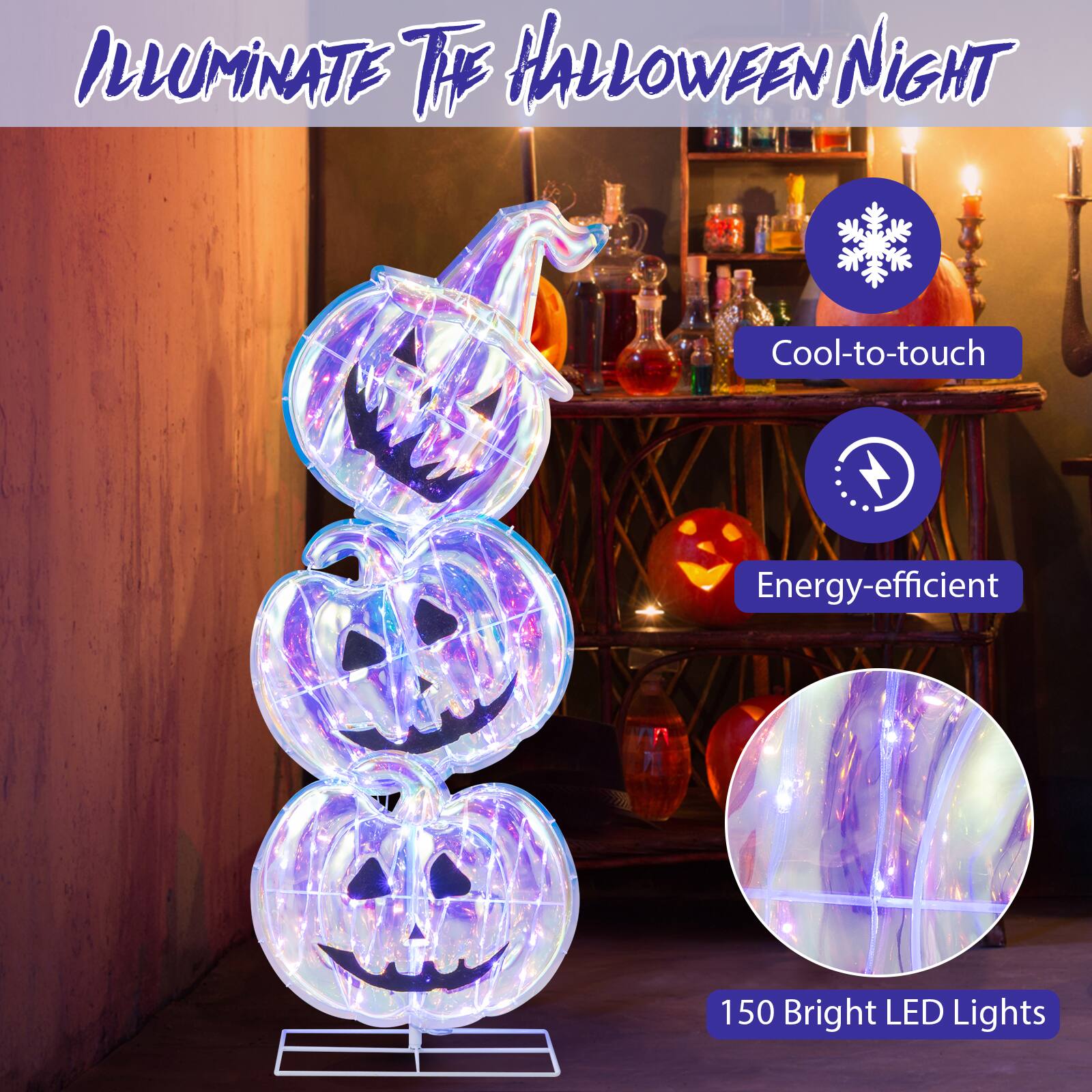 Illuminate the Halloween Night with 150 bright LED lights that are cool-to-touch and energy-efficient.
