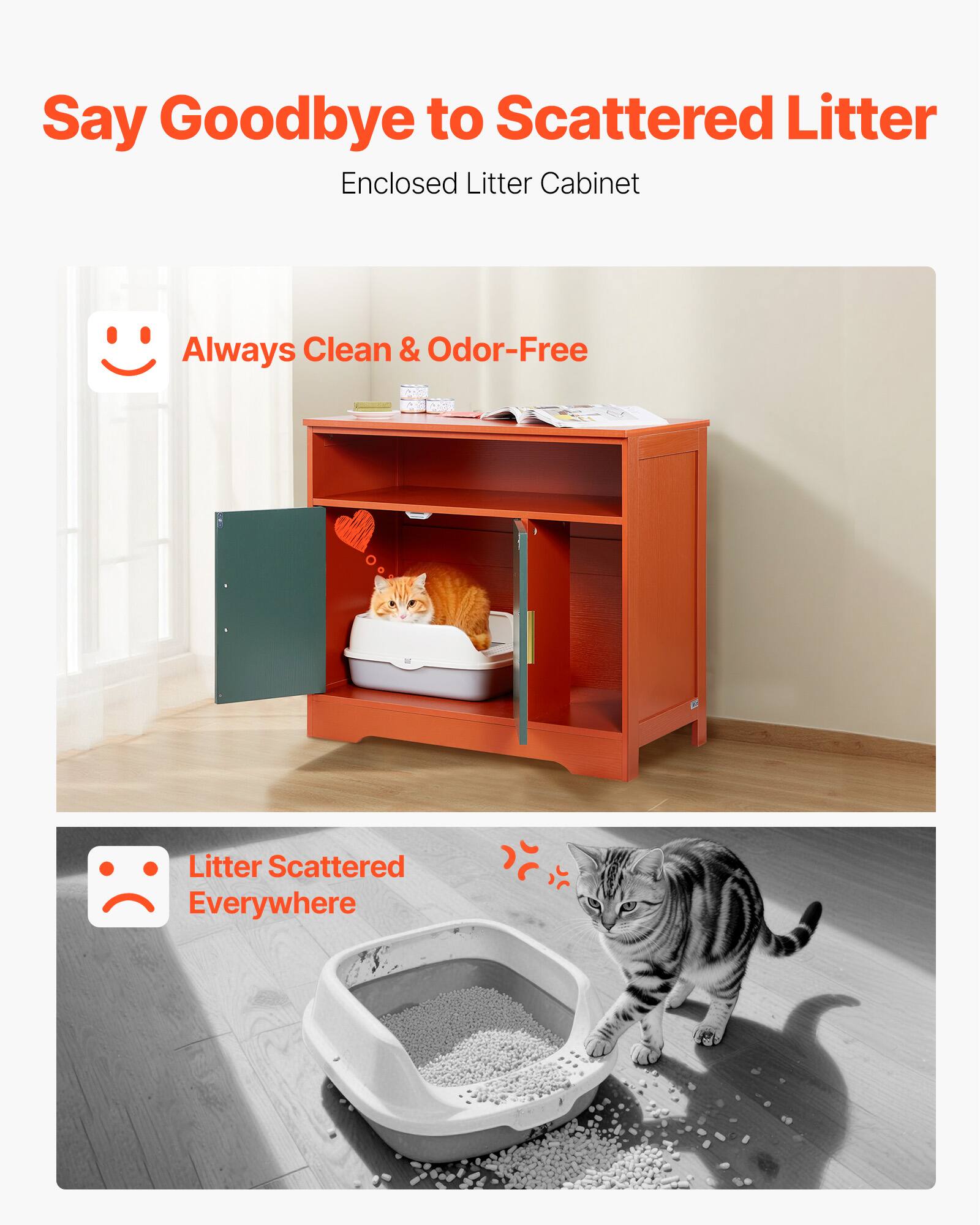 Say Goodbye to Scattered Litter  
Enclosed Litter Cabinet  

Always Clean & Odor-Free  

Litter Scattered Everywhere