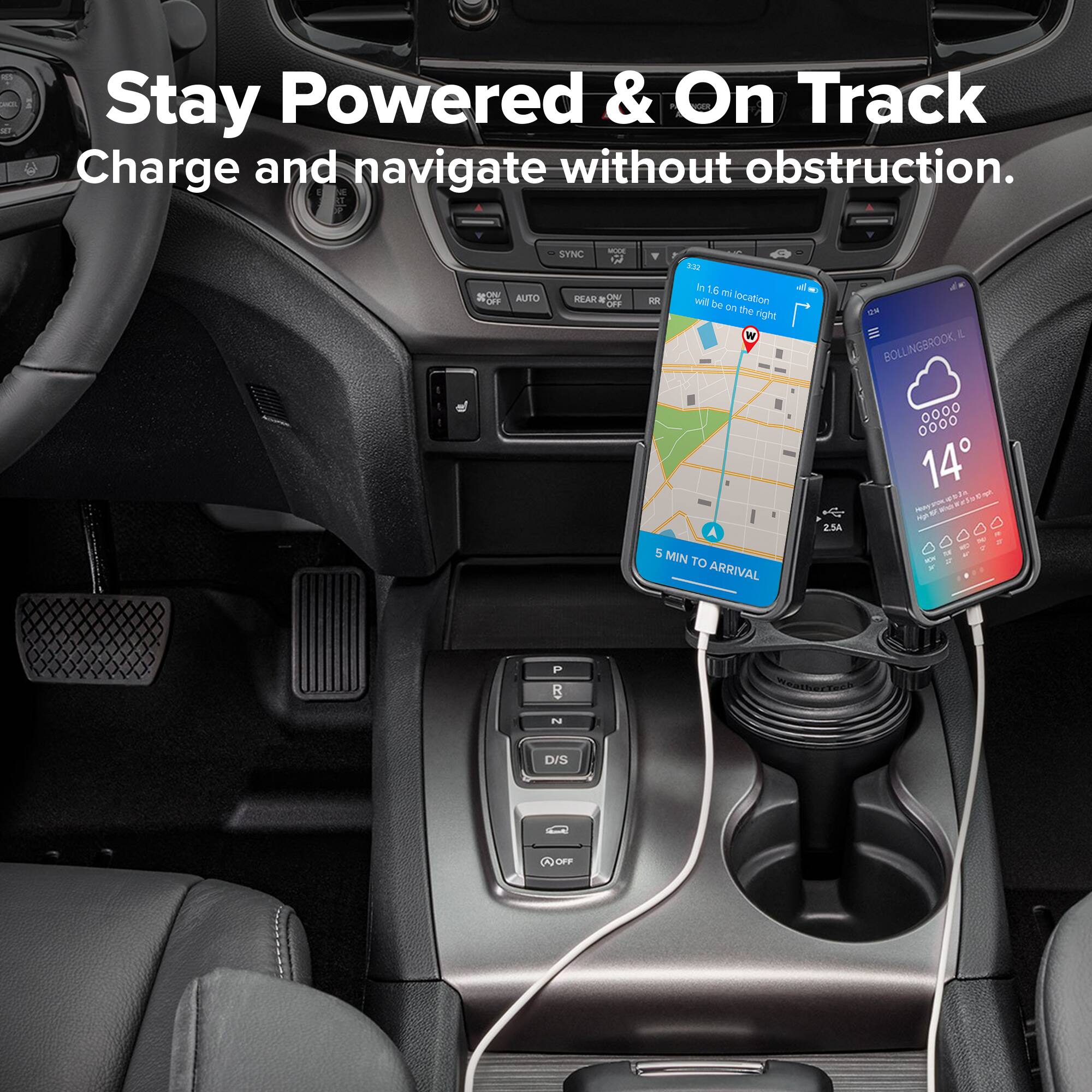 LACK #
Stay Powered & On Track
Charge and navigate without obstruction.
ON/ OFF
AUTO
SYNC
REAR OV) OFF
FR
332 ml 1.6 ml will be on location the right 7 W 2.5A
BOLLINGBROOK 0000 14 DE
5 MIN TO ARRIVAL
sex = P R N D/S OFF