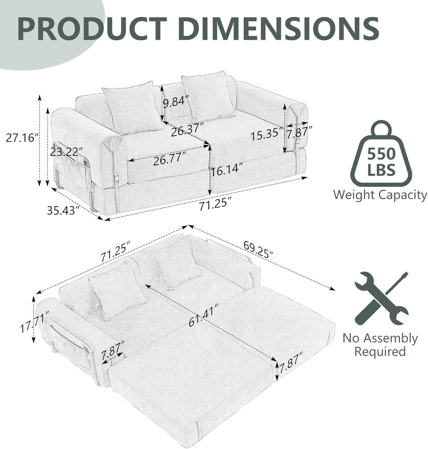 PRODUCT DIMENSIONS

- 27.16"
- 23.22"
- 35.43"
- 9.84"
- 26.37"
- 15.35"
- 7.87"
- 26.77"
- 16.14"
- 71.25"
- 550 LBS Weight Capacity
- 71.25"
- 69.25"
- 17.71"
- 7.87"
- 61.41"
- 7.87"

No Assembly Required