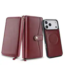 Dteck - RFID Leather Wallet Phone Case for Apple iPhone 17 Pro, Magnetic Detachable Card Holder Cover with Wrist Strap - Red