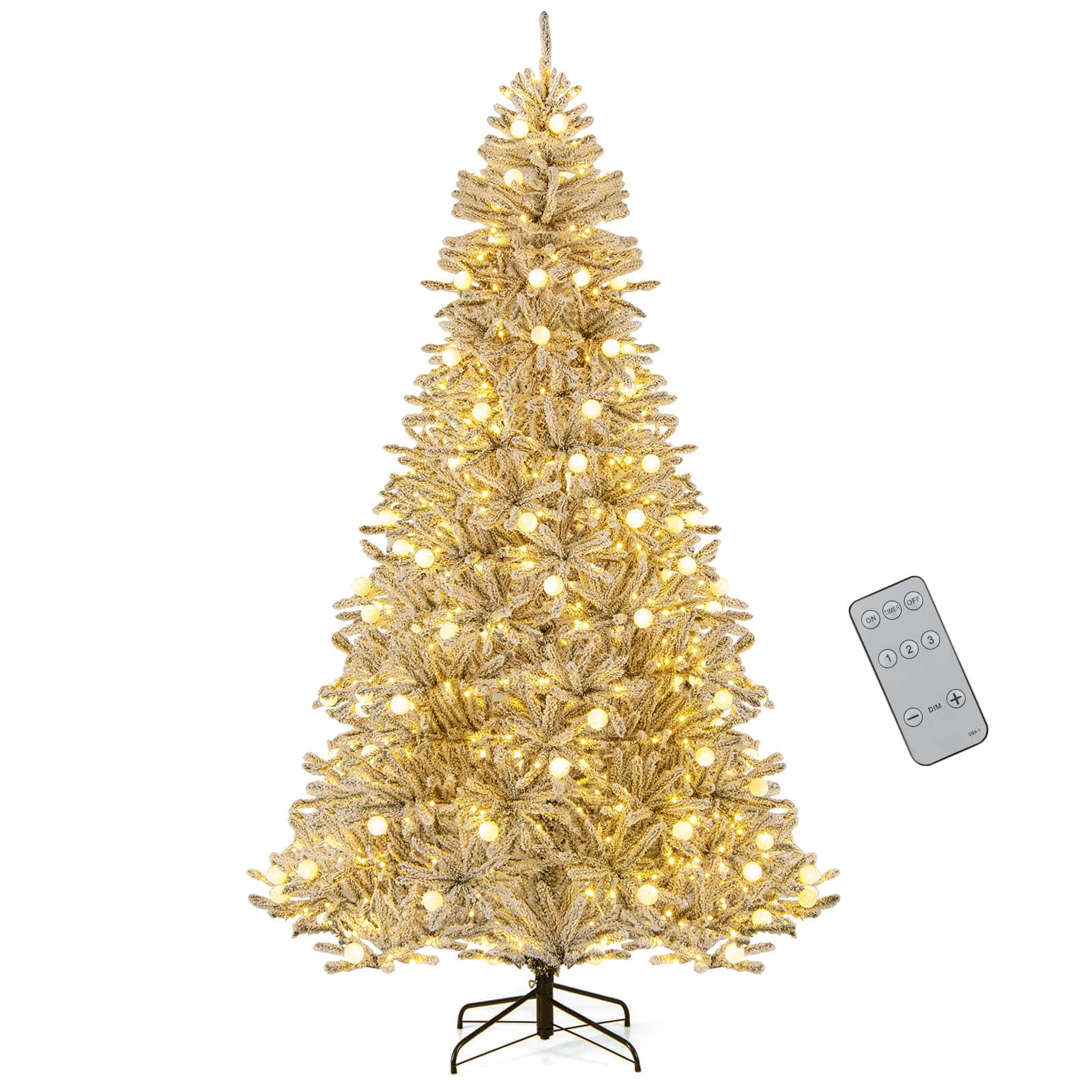 Costway - 8 FT Snow-flocked Artificial Christmas Tree with 81 Sphere Lights 450 LED Lights - Green,White