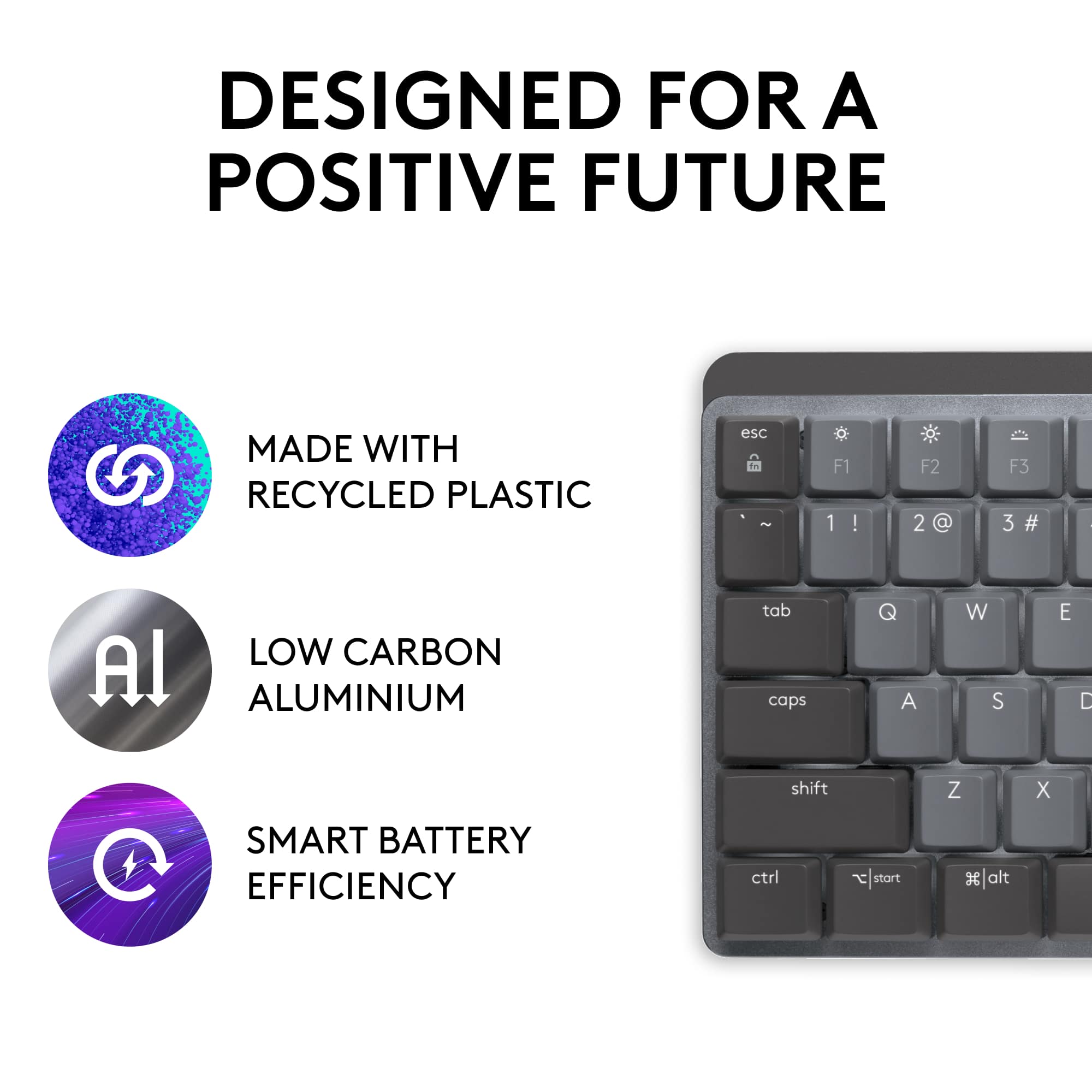 Designed for a Positive Future: Made with Recycled Plastic. Low Carbon Aluminum. Smart Battery Efficiency.