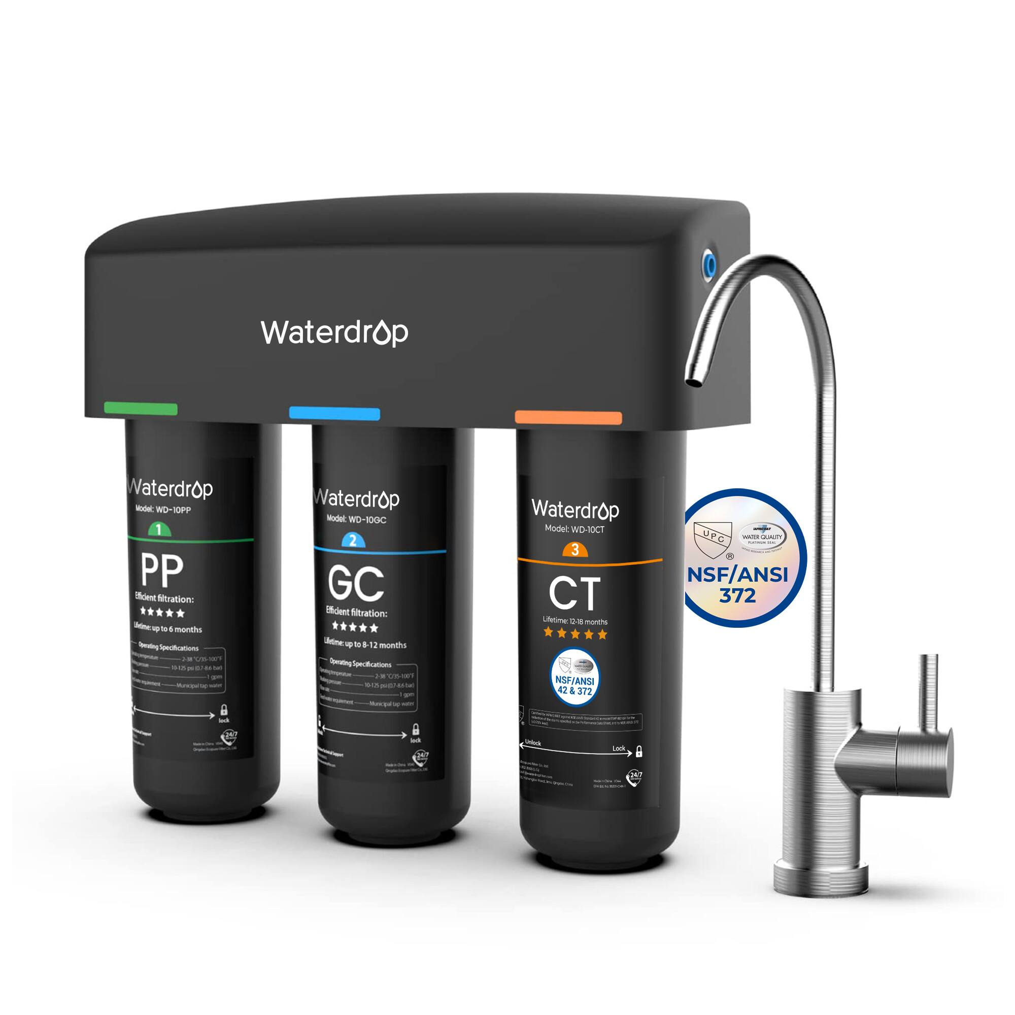 Waterdrop

Waterdrop - WO-10PP  
PP  
Efficient Filtration:  
- Removes up to 99.99% of contaminants  
- Lifetime up to 6 months  
- Operating Specifications:  
  - Flow Rate: 1.5 GPM (5.7 LPM)  
  - Dimensions: 10.2 x 2.8 x 10.2 inches (26 x 7 x 26 cm)  
  - Weight: 1.2 lbs (0.54 kg)  

Waterdrop - WO-DGC  
GC  
Efficient Filtration:  
- Removes up to 99.99% of contaminants  
- Lifetime up to 12 months  
- Operating Specifications:  
  - Flow Rate: 1.5 GPM (5.7 LPM)  
  - Dimensions: 10.2 x 2.8 x 10.2 inches (26 x 7 x 26 cm)  
  - Weight: 1.2 lbs (0.54 kg)  

Waterdrop - WD-10CT  
CT  
Lifetime up to 18 months  
- NSF/