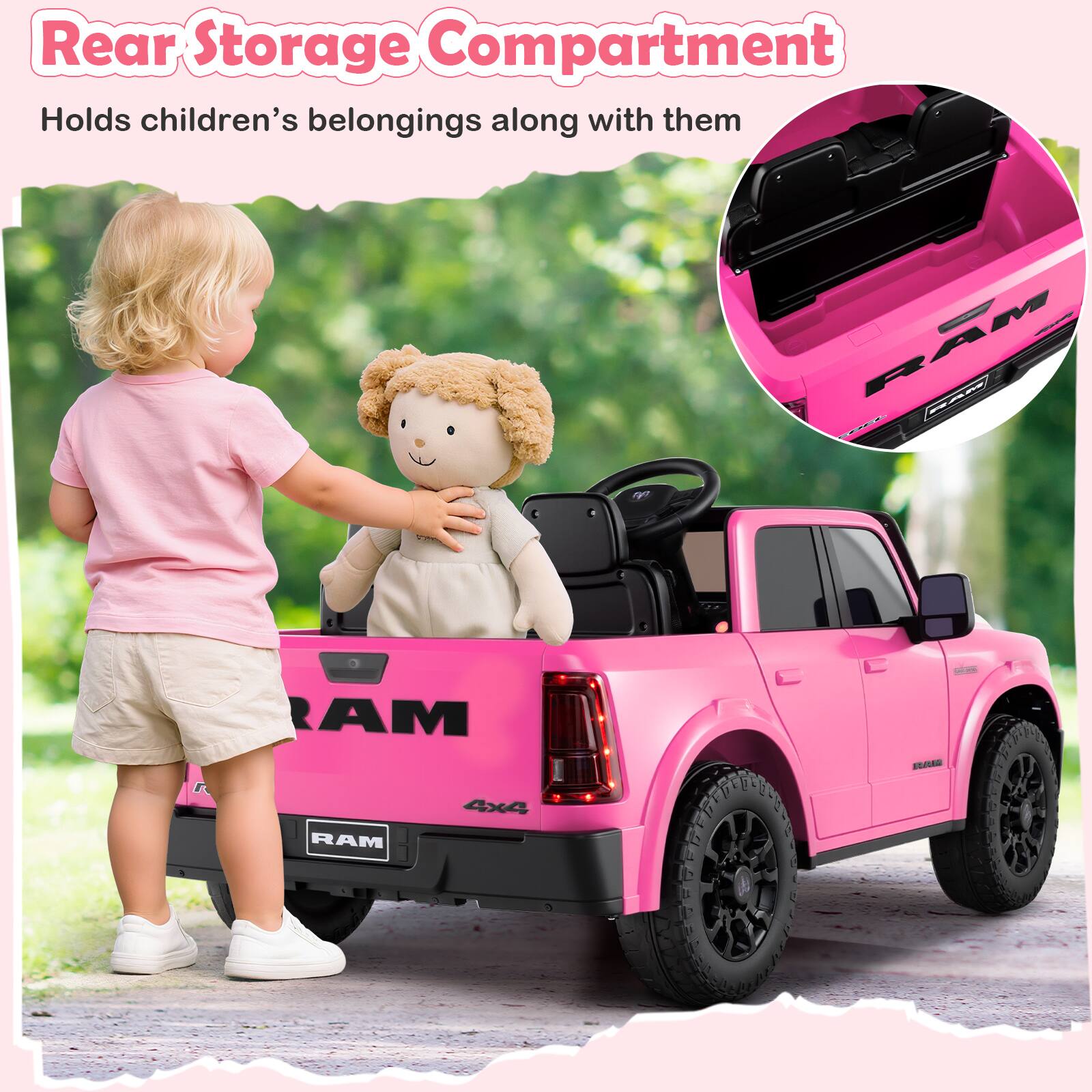 Rear Storage Compartment  
Holds children's belongings along with them