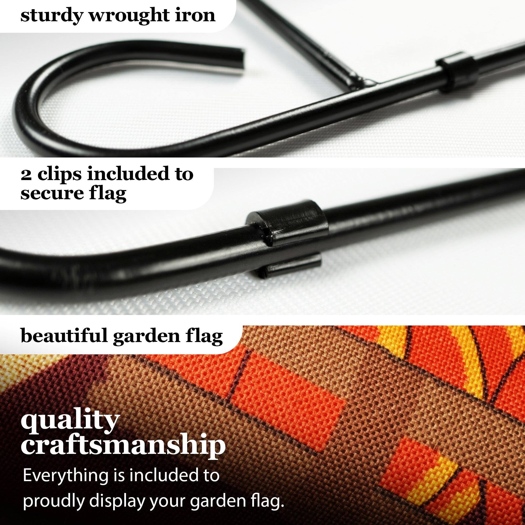 - Sturdy wrought iron
- 2 clips included to secure flag
- Beautiful garden flag
- Quality craftsmanship
- Everything is included to proudly display your garden flag.