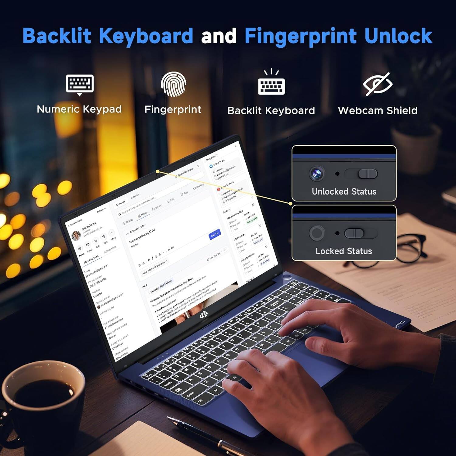 Backlit Keyboard and Fingerprint Unlock

- Numeric Keypad
- Fingerprint
- Backlit Keyboard
- Webcam Shield

Unlocked Status
Locked Status