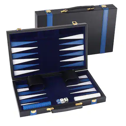 Front. GSE Games & Sports Expert - Premium Leather Backgammon Board Game Set, Backgammon Game Set with Leather Case -Black&Blue, Medium.