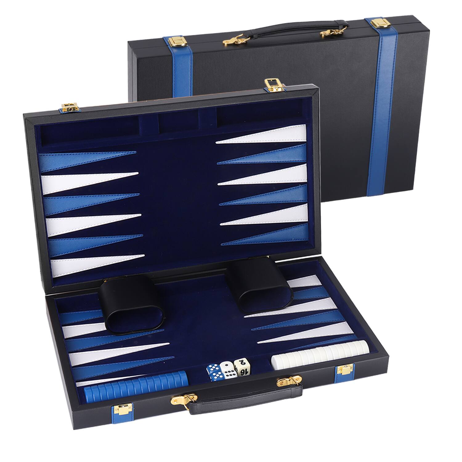 Front. GSE Games & Sports Expert - Premium Leather Backgammon Board Game Set, Backgammon Game Set with Leather Case -Black&Blue, Medium.