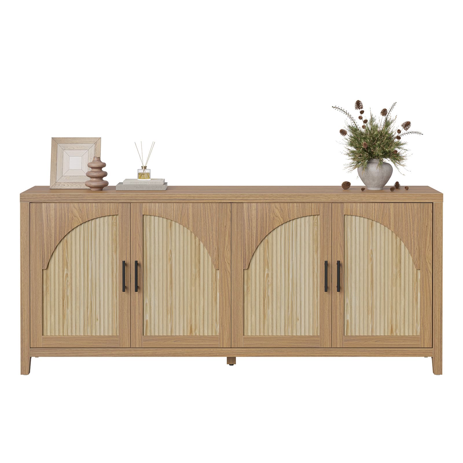 Bestier - 70" Modern TV Stand for TVs up to 75", Wood Media Console with 4 Fluted Curved Doors - brown oak