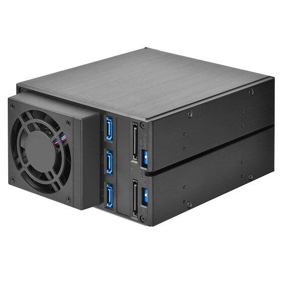 Left. SilverStone - SST-FS303B-12G Two 5.25" device bay to three 3.5" SAS-12G / SATA 6Gbit/s trayless hot-swap cage - Black.