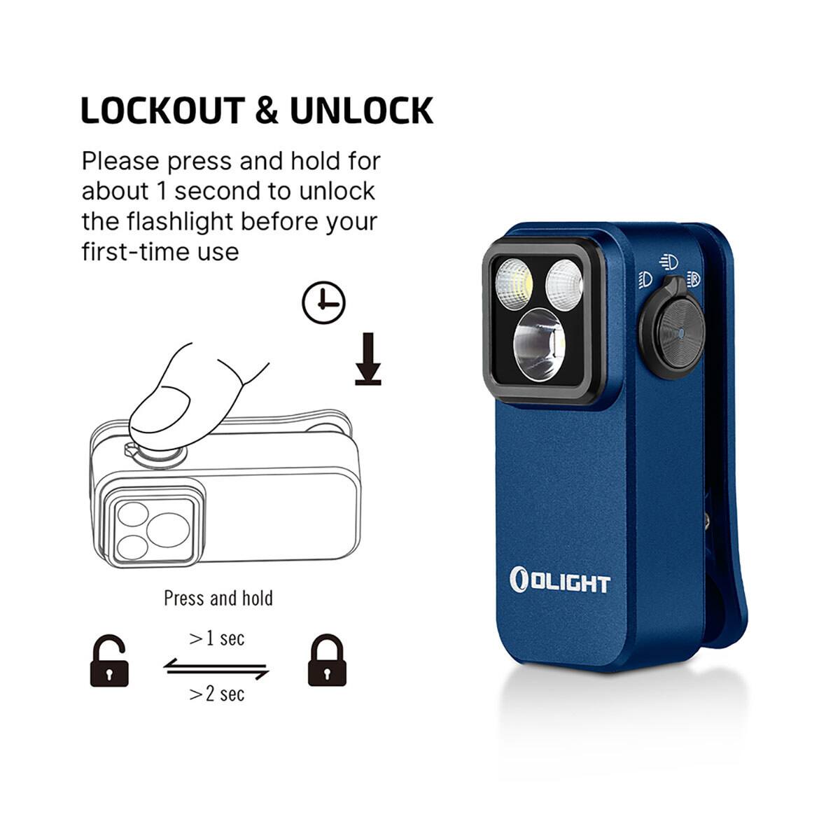 LOCKOUT & UNLOCK

Please press and hold for about 1 second to unlock the flashlight before your first-time use

Press and hold
> 1 sec
> 2 sec