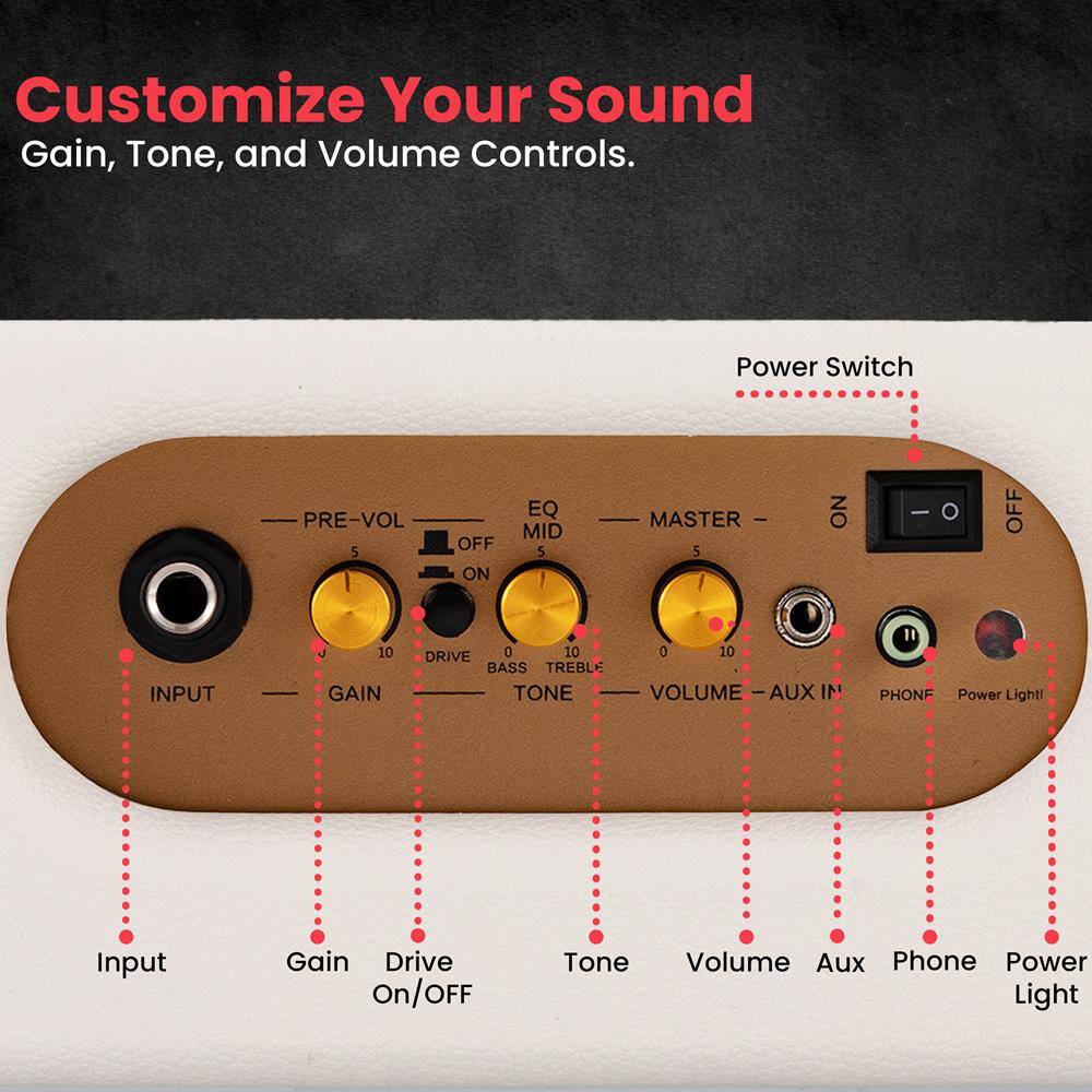Customize Your Sound  
Gain, Tone, and Volume Controls.

- Power Switch
- PRE-VOL
- EQ
- MID
- MASTER
- INPUT
- GAIN
- DRIVE
- BASS
- TREBLE
- TONE
- VOLUME
- AUX IN
- PHONE
- Power Light

- Input
- Gain
- Drive On/Off
- Tone
- Volume
- Aux
- Phone
- Power Light