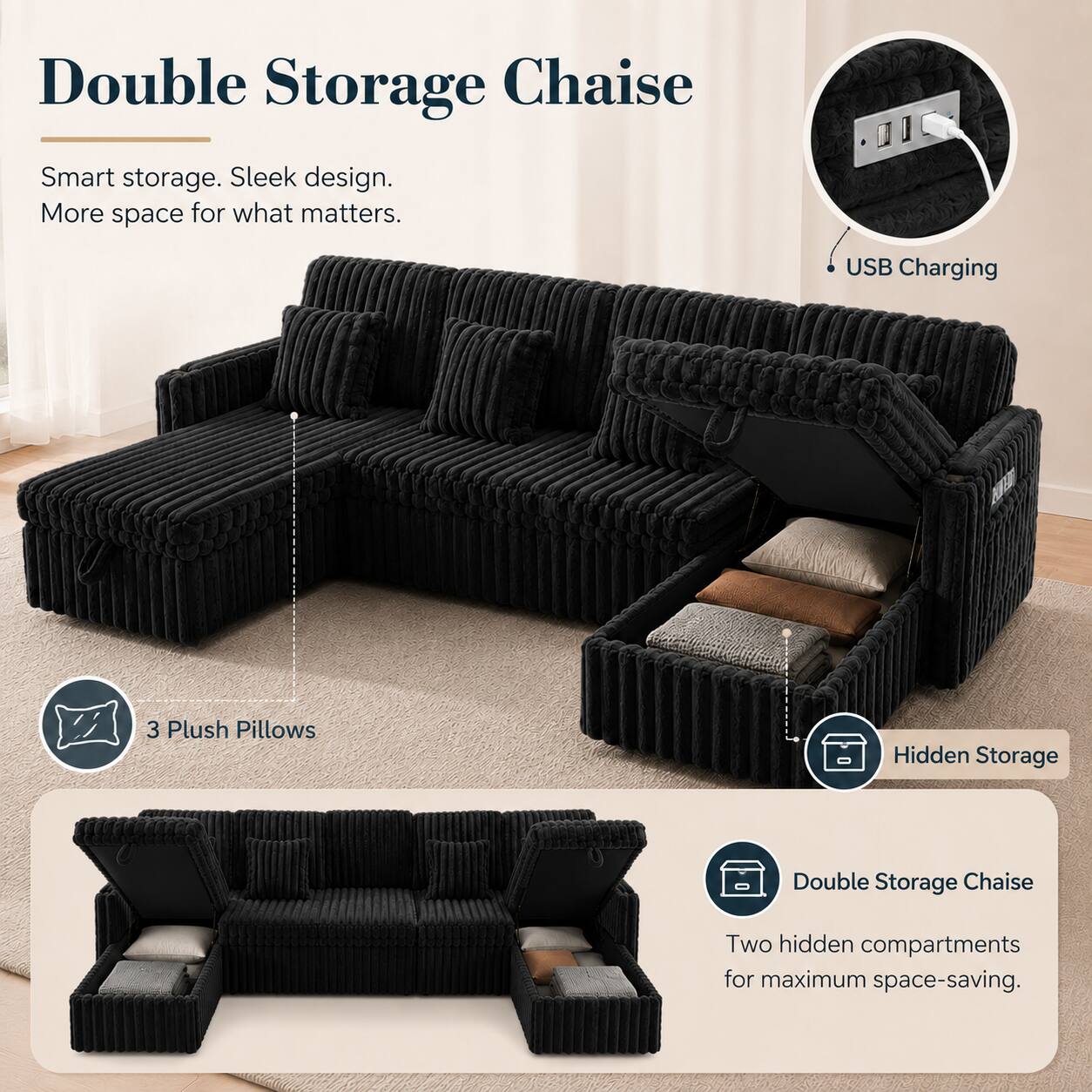 Double Storage Chaise

Smart storage. Sleek design. More space for what matters.

USB Charging

3 Plush Pillows

Hidden Storage

Double Storage Chaise

Two hidden compartments for maximum space-saving.