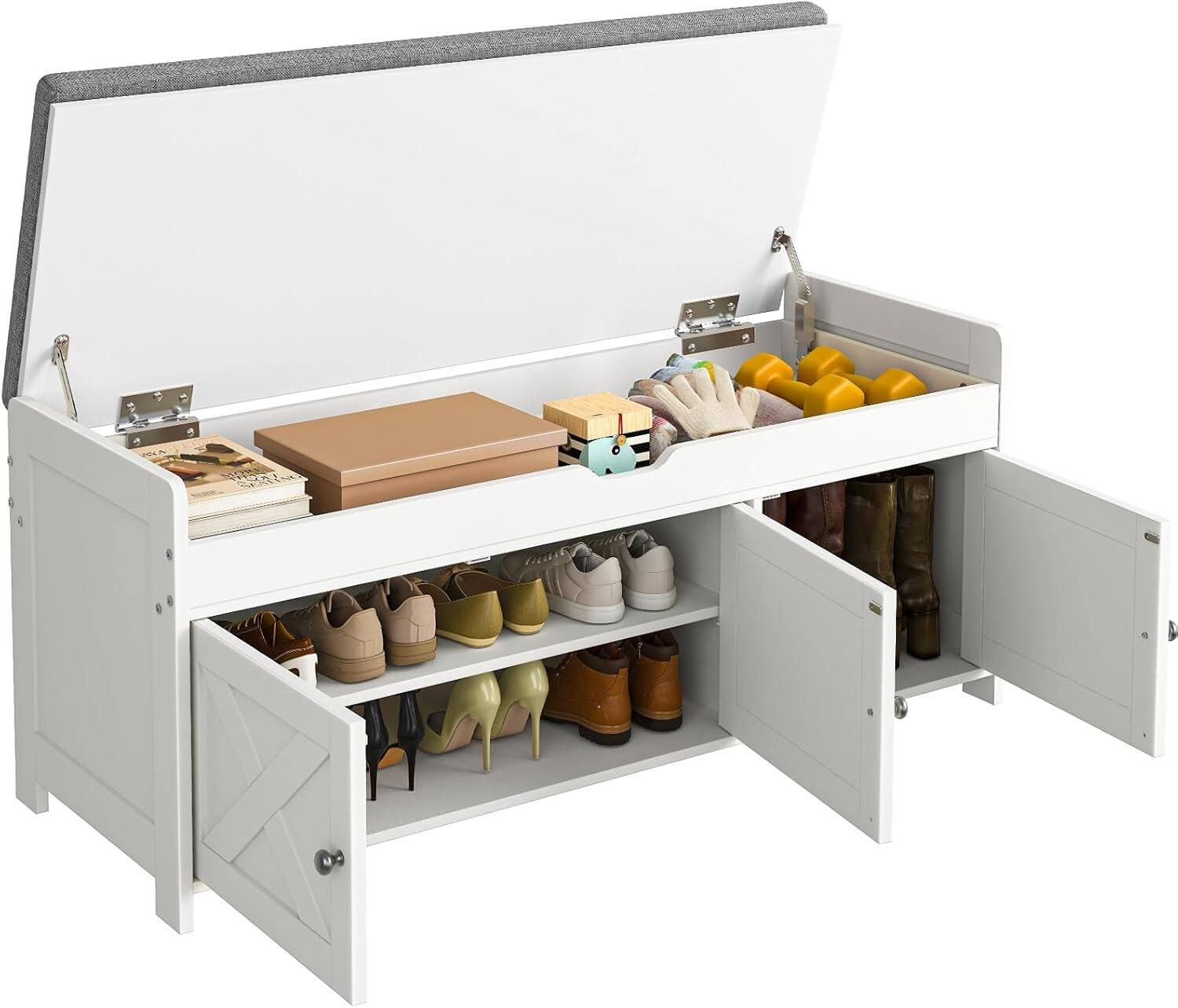 Alt View 4. Pipishell - Shoe Storage Bench with Cushioned Seat, 2-Tier Entryway Bench with Barn Doors, 300 lbs Capacity - White.