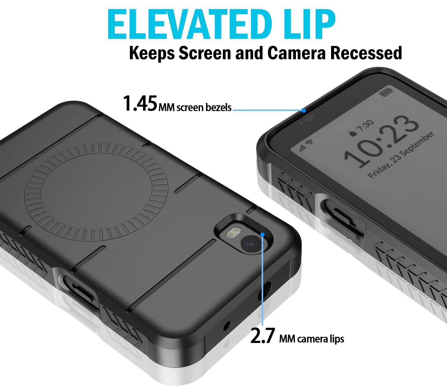 ELEVATED LIP  
Keeps Screen and Camera Recessed

1.45 mm screen bezels  
2.7 mm camera lips