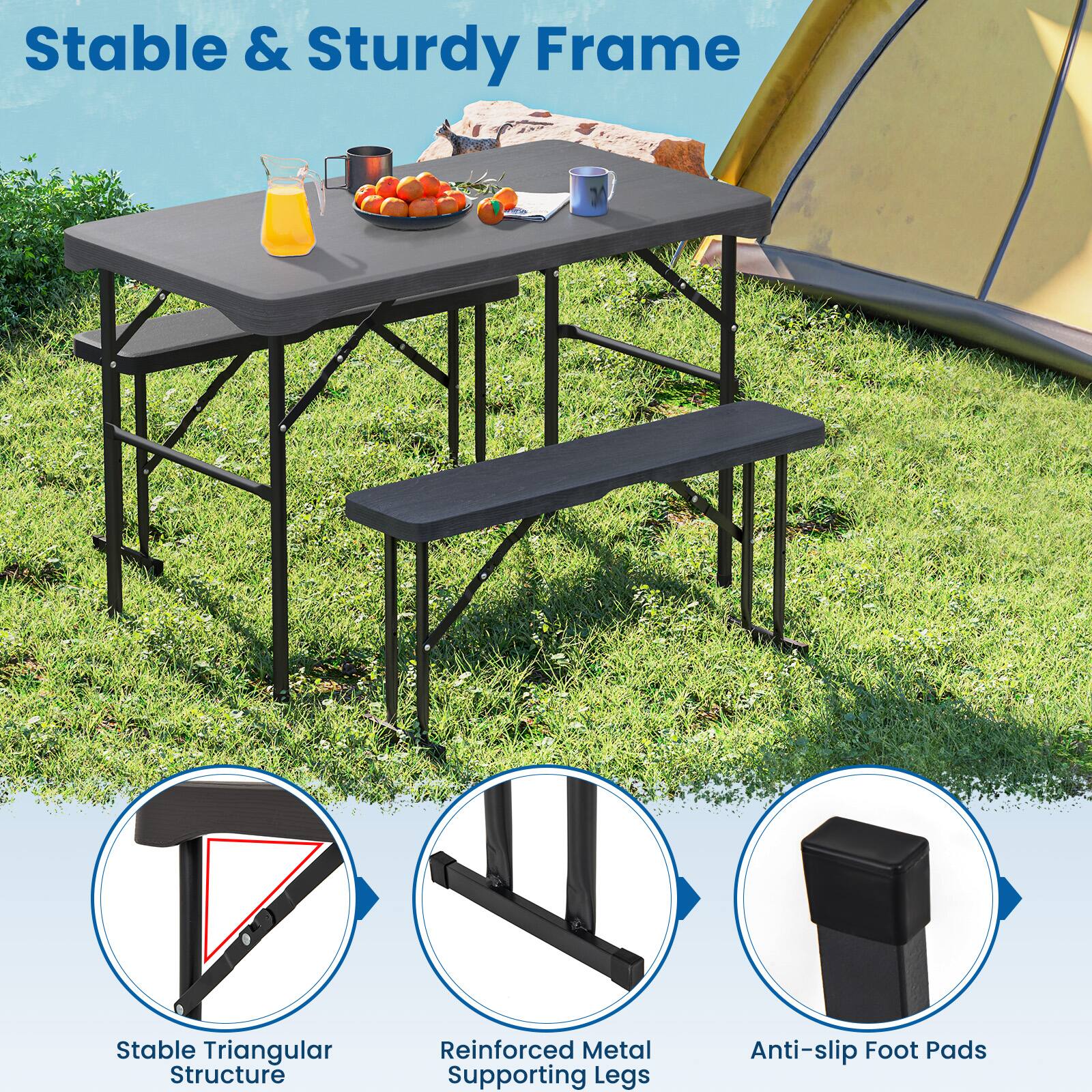 Stable & Sturdy Frame

- Stable Triangular Structure
- Reinforced Metal Supporting Legs
- Anti-slip Foot Pads