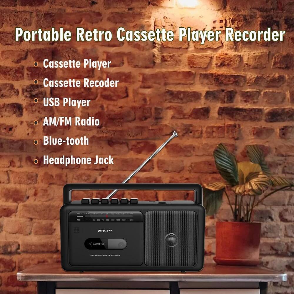 Portable Retro Cassette Player Recorder

- Cassette Player
- Cassette Recorder
- USB Player
- AM/FM Radio
- Blue-tooth
- Headphone Jack

WTB-777