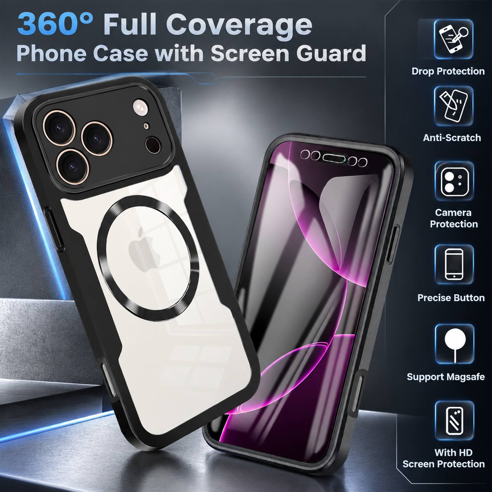 360° Full Coverage Phone Case with Screen Guard

- Drop Protection
- Anti-Scratch
- Camera Protection
- Precise Button
- Support Magsafe
- With HD Screen Protection