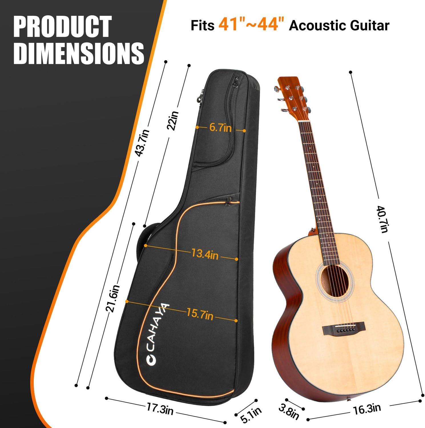 PRODUCT DIMENSIONS

Fits 41"~44" Acoustic Guitar

- 43.7in
- 22in
- 6.7in
- 13.4in
- 21.6in
- 15.7in
- 17.3in
- 5.1in
- 3.8in
- 16.3in