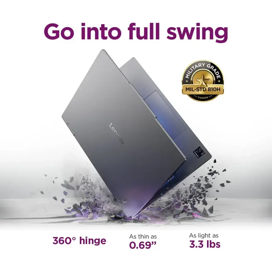 Go into full swing with the Lenovo x 360 hinge. This laptop is as thin as 0.69" and as light as 3.3 lbs, making it a great choice for those who want a portable and powerful device. Additionally, it has passed the MIL-STD 810H military grade test, ensuring its durability and reliability in various conditions.