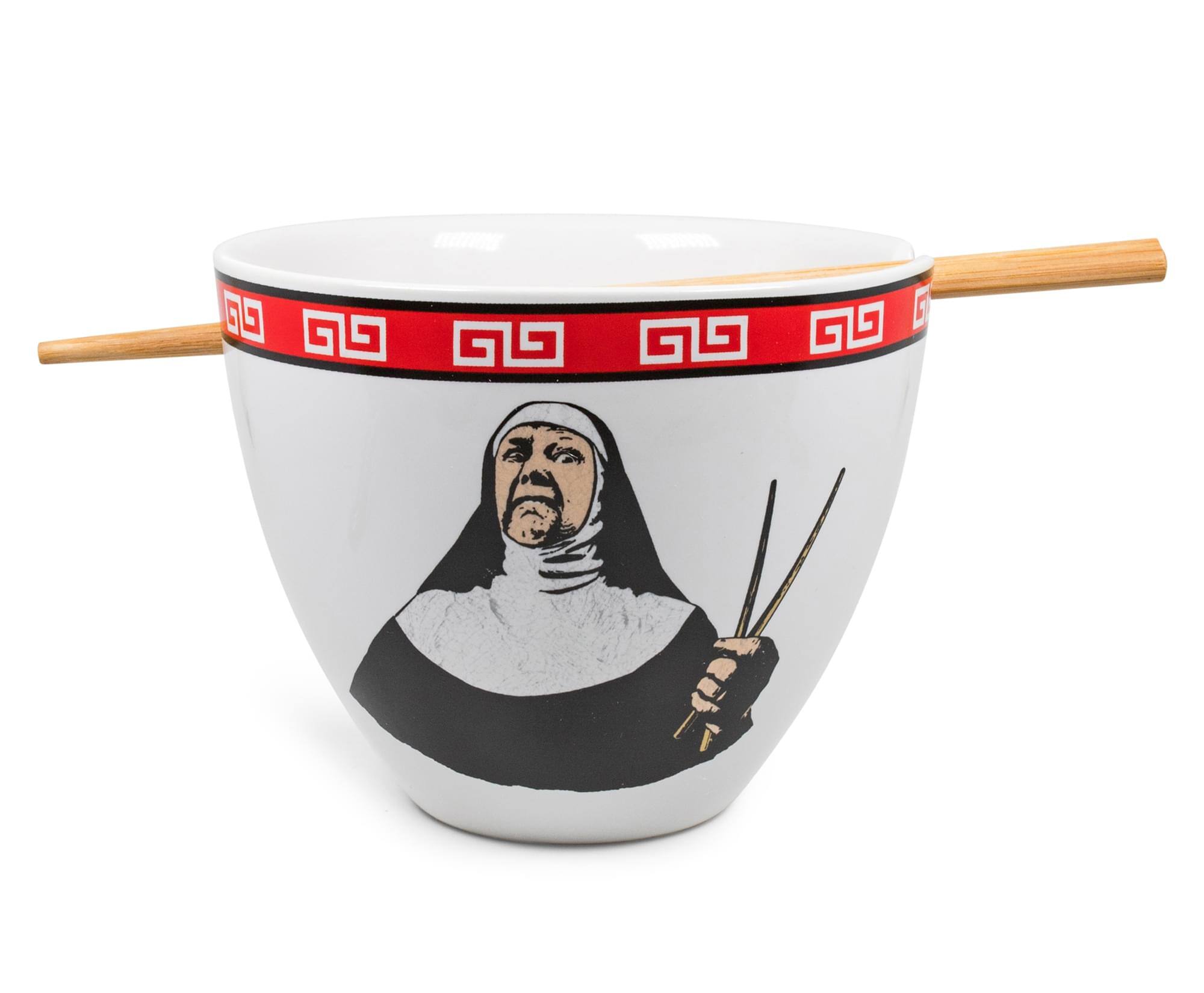 Front. Boom Trendz - Bowl Bop Ramen Sister Nun Japanese Dinner Set | 16-Ounce Ramen Bowl, Chopsticks - Red.