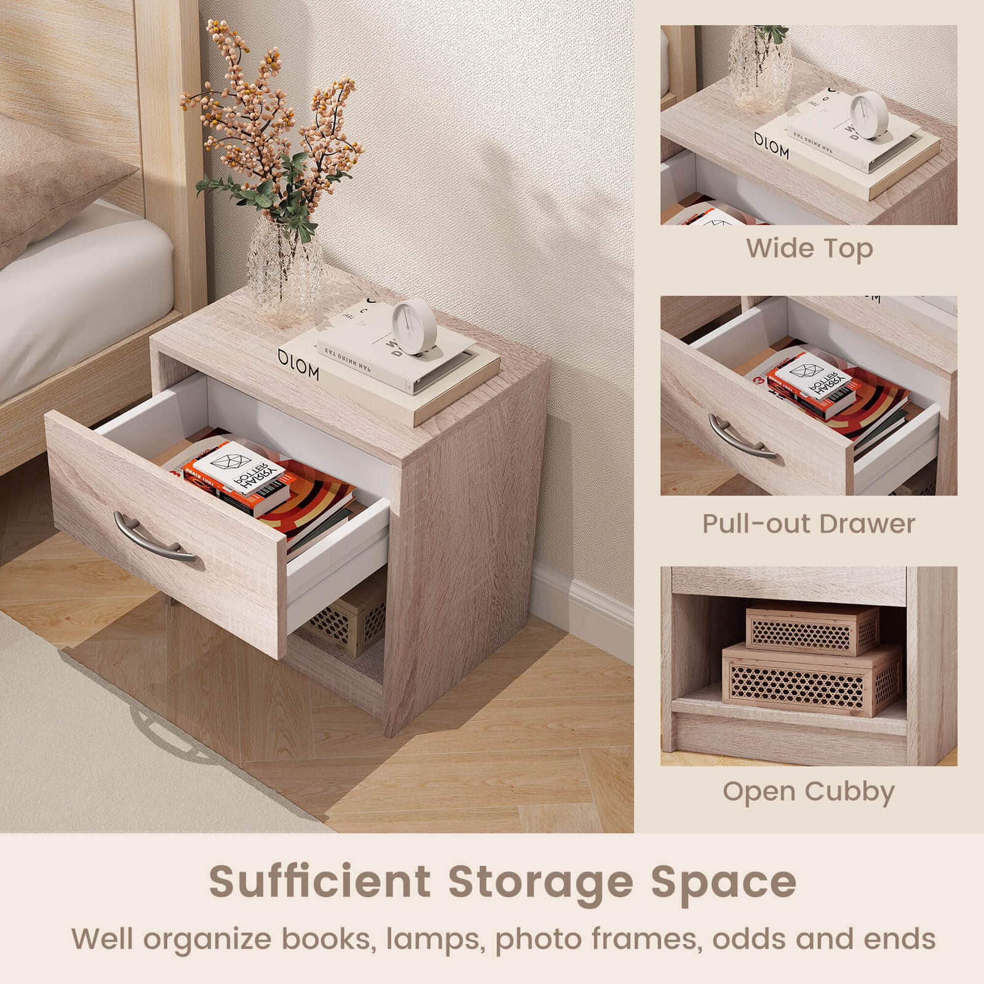 DIOM Wide Top Pull-out Drawer Open Cubby Sufficient Storage Space Well organize books, lamps, photo frames, odds and ends