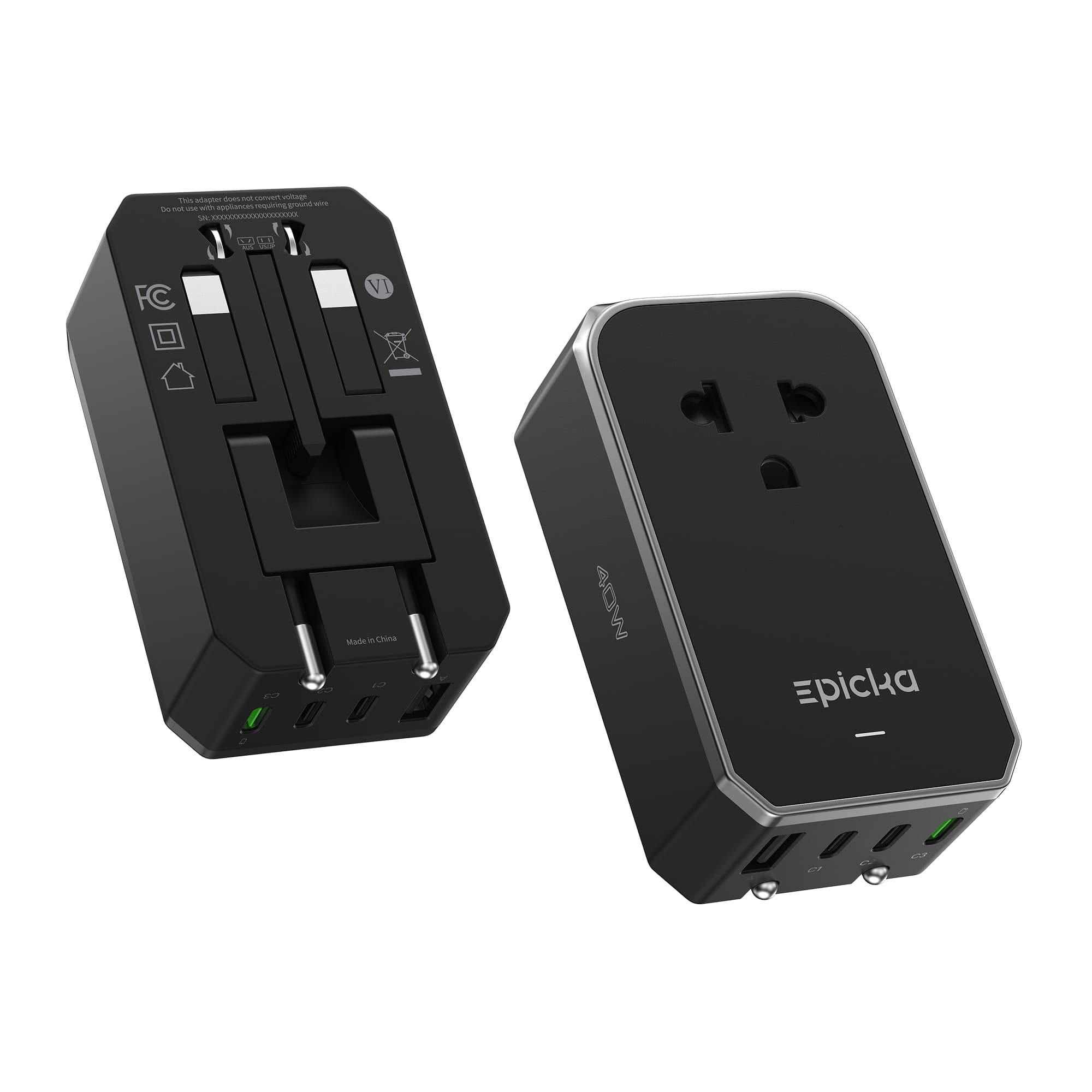 Epicka - Air 40W Universal Travel Adapter, PD Fast Charging International Power Adapter with 1 AC & 4 USB Ports - Black