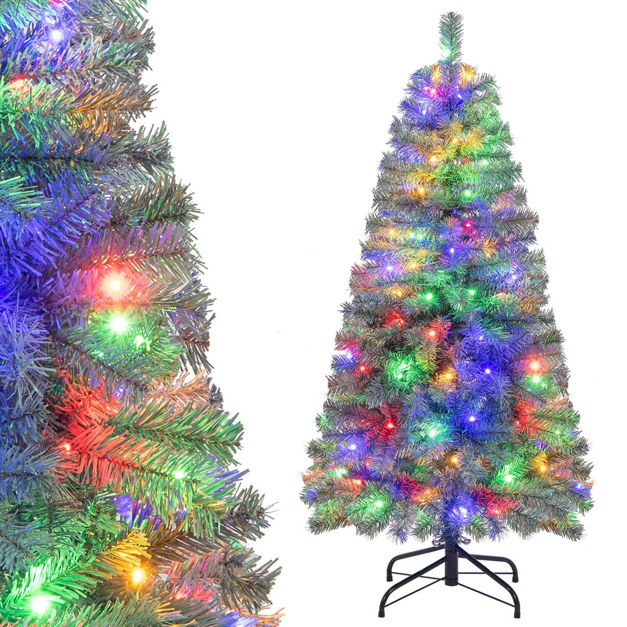 Costway - 4.5 FT Artificial Xmas Tree with 256 Branch Tips 100 LED Lights 9 Lighting Modes - Green