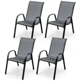 Gymax - 4PCS Patio Stacking Dining Chairs w/ Curved Armrests & Breathable Seat Fabric Grey - Gray