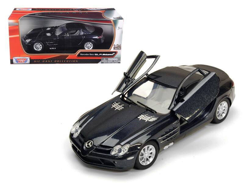 Sure, here is the corrected and grouped text from the image:
---
**Box:**
- **MOTOR MAX**
- **DIE-CAST COLLECTION**
- **Mercedes-Benz SLR McLaren**
- **1:24 SCALE**
- **3+**
- **WARNING: CHOKING HAZARD - Small parts. Not for children under 3 years.**
**Car:**
- **#**
- **#**
---