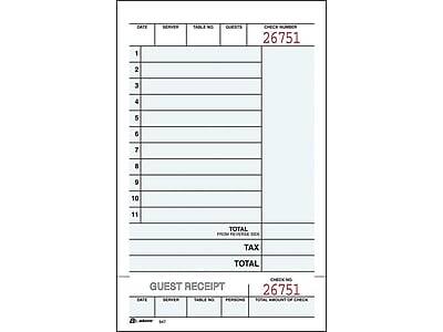 DATE SERVER TABLE NO GUESTS CHECK NUMBER
1
2
3
4
5
6
7
8
9
10
11
TOTAL FROM REGISTER
TAX
TOTAL
GUEST RECEIPT
CHECK NO 26751