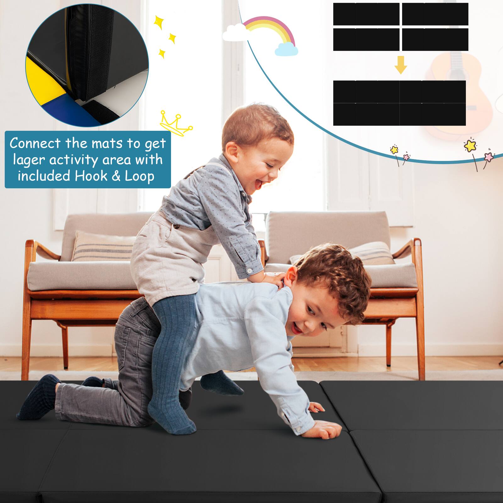 Connect the mats to get larger activity area with included Hook & Loop