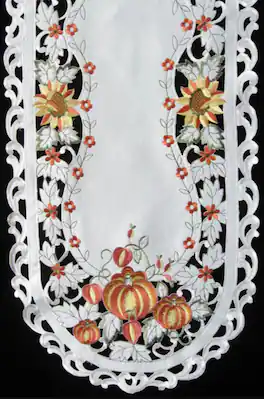 Jiallo - Pumpkin Embroidered Cutwork Rectangular Table Runner, 15 by 70 inch Table Linen - Beige